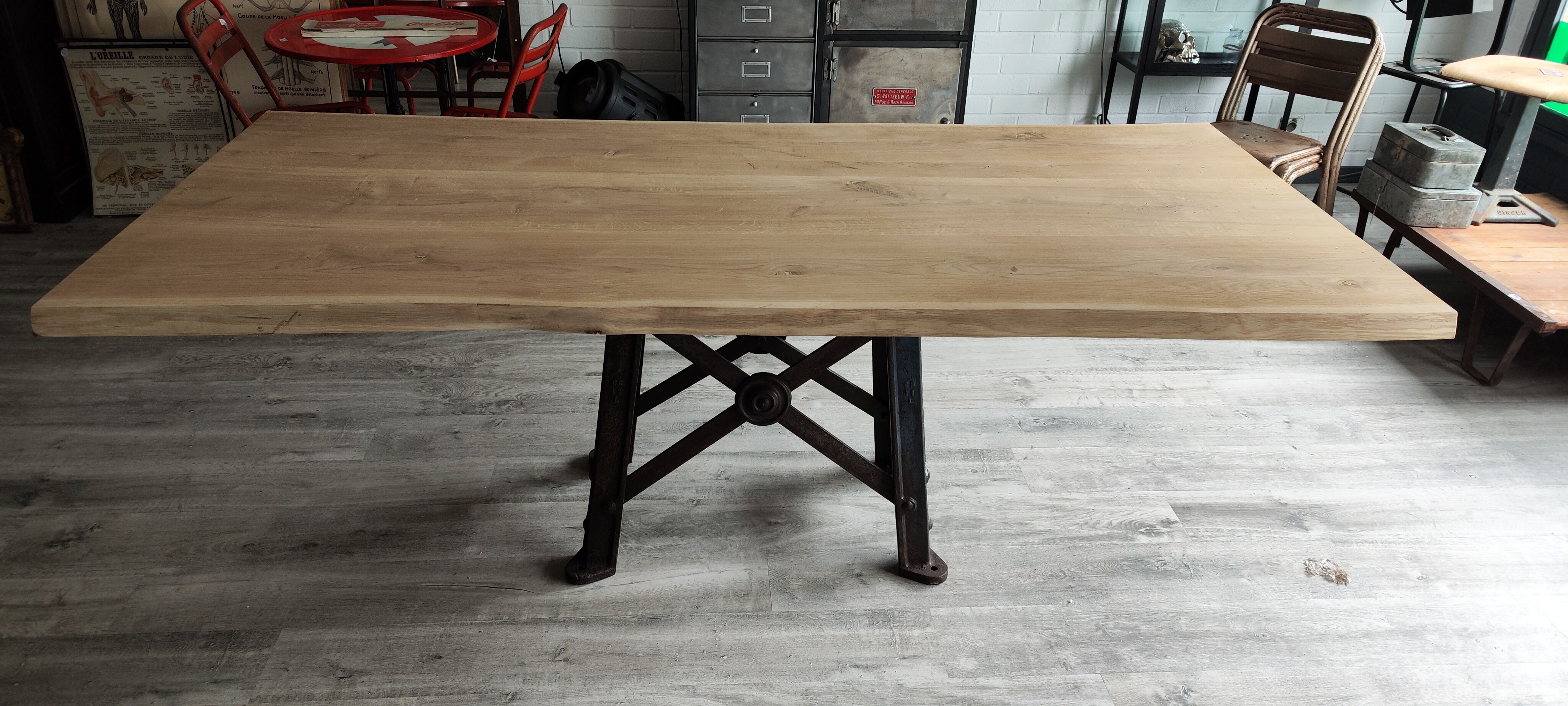 Industrial table top solid oak machine foot cast iron