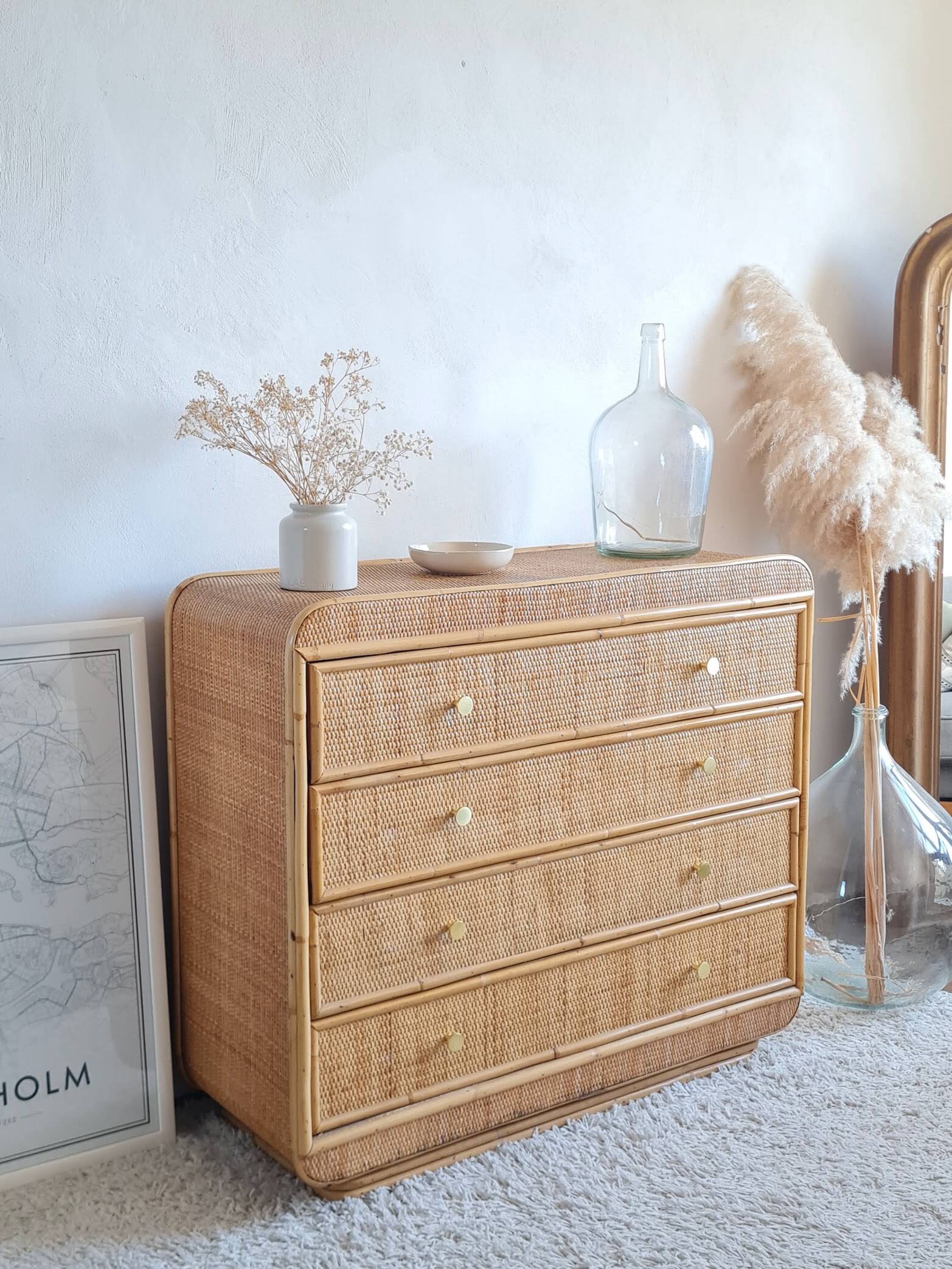 Vintage rattan chest of drawers