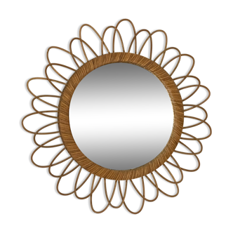 Miroir soleil en rotin arqué 52cm 1960