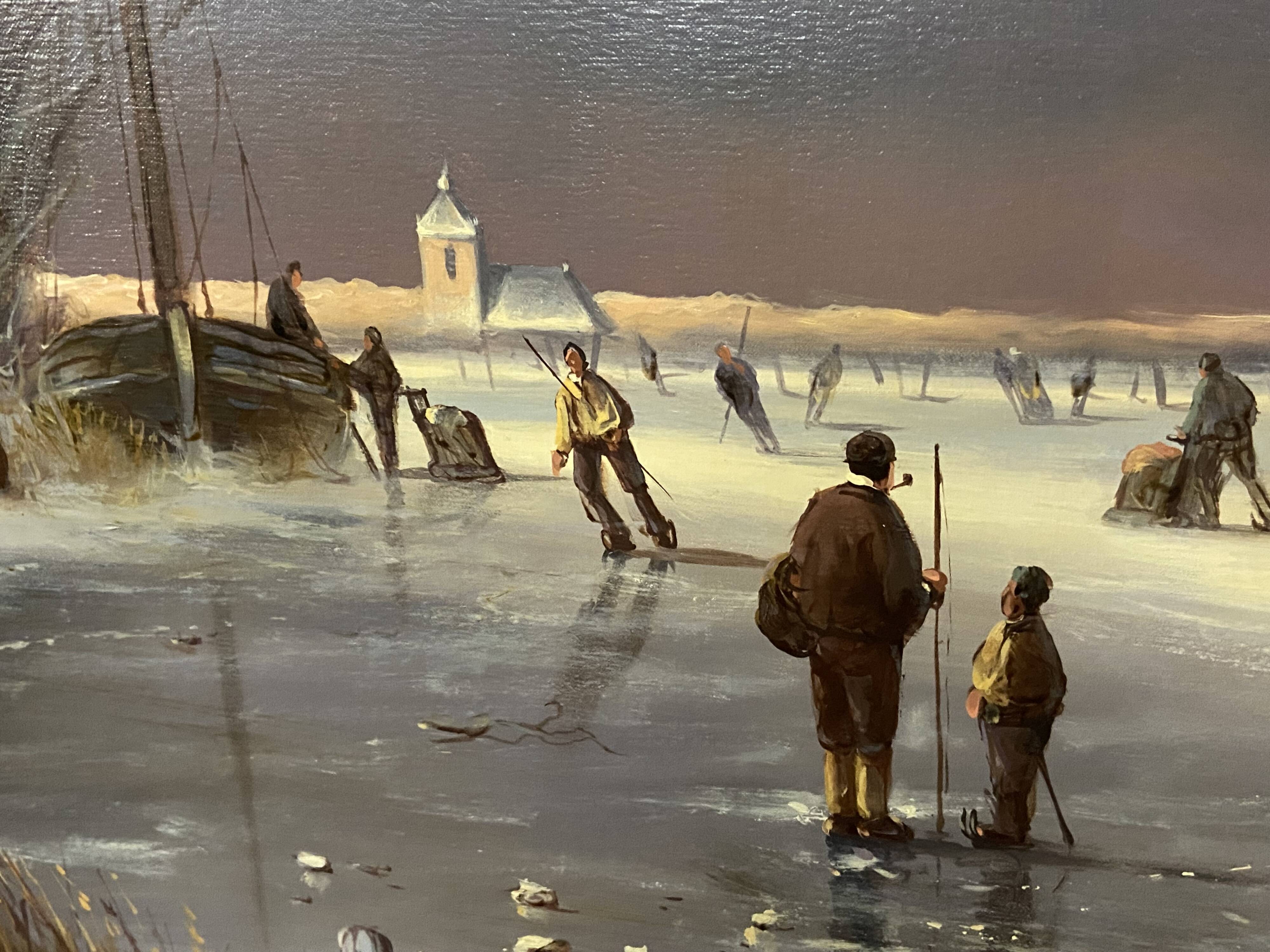 Huge oil painting on canvas Dutch school winter landscape 164x132