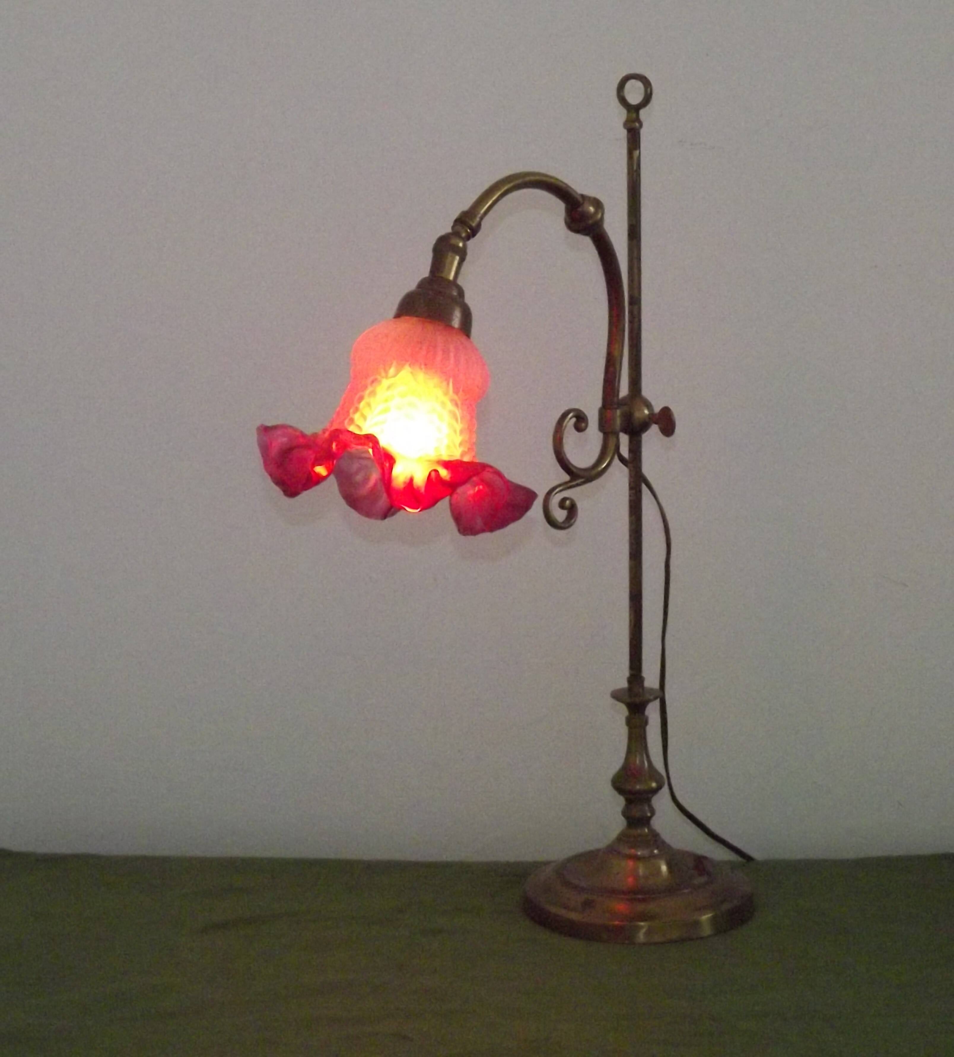 French Antique Brass Anglepoise Table Lamp Patterned Glass Pink Edged Shade 5131