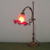 French Antique Brass Anglepoise Table Lamp Patterned Glass Pink Edged Shade 5131