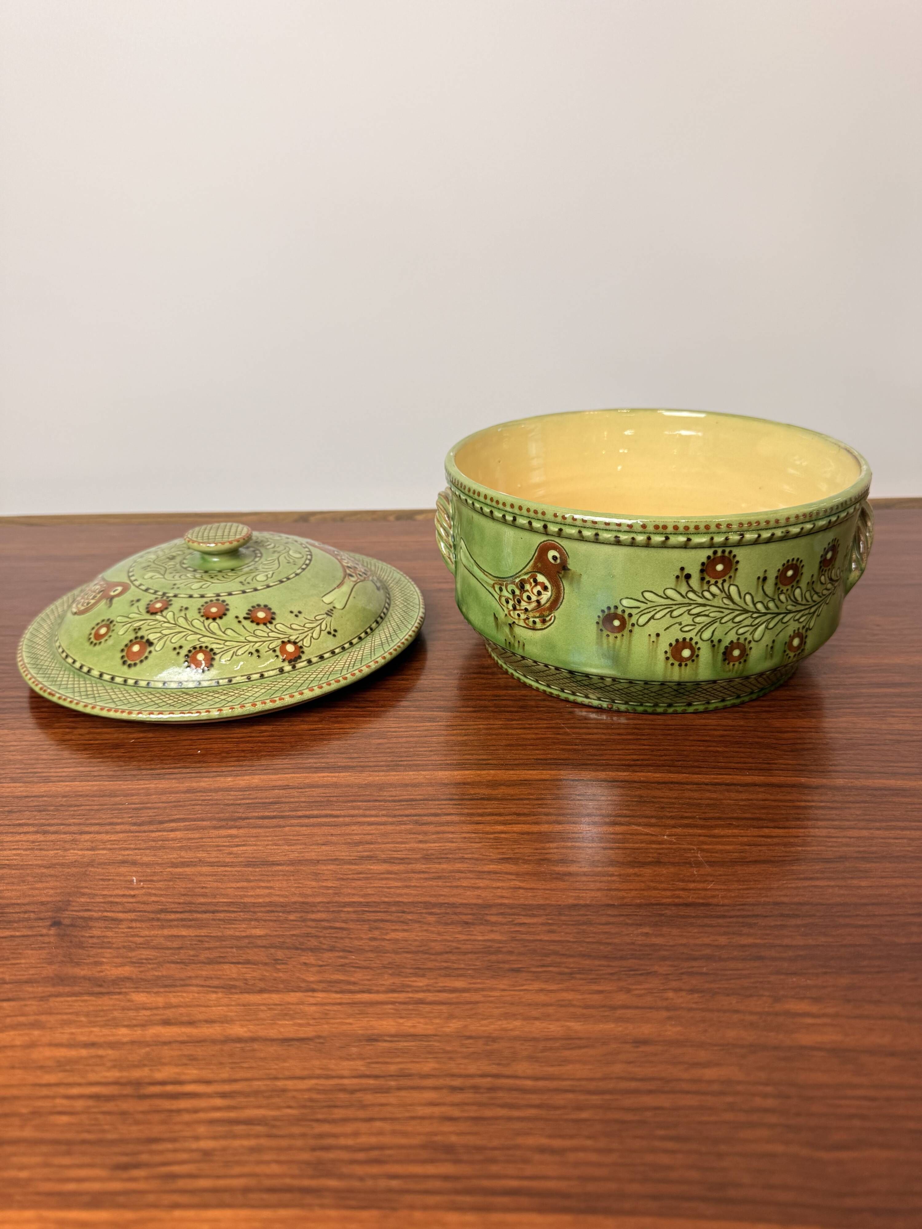 Vintage soup tureen in pottery by J.C. Hermann from Évires – bird decoration