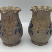Pair of vintage pottery vases with floral decoration and glaçureau sel