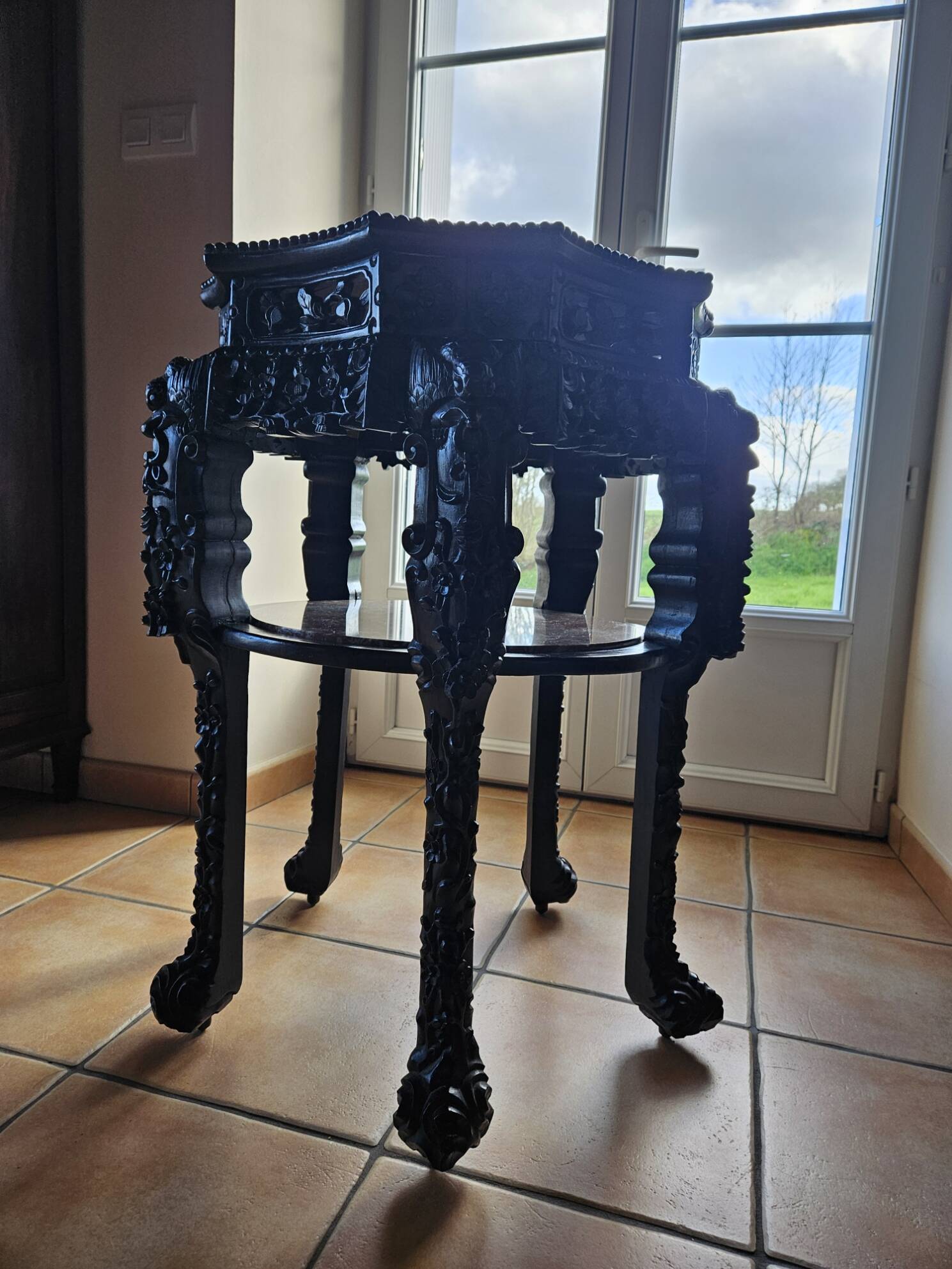 Antique Orientalist gueridon, carved – double marble top – late 19th century.