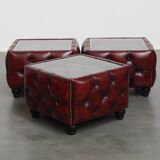Set of 3 Red Leather Chesterfield Side/Coffee Tables with Glass Tops