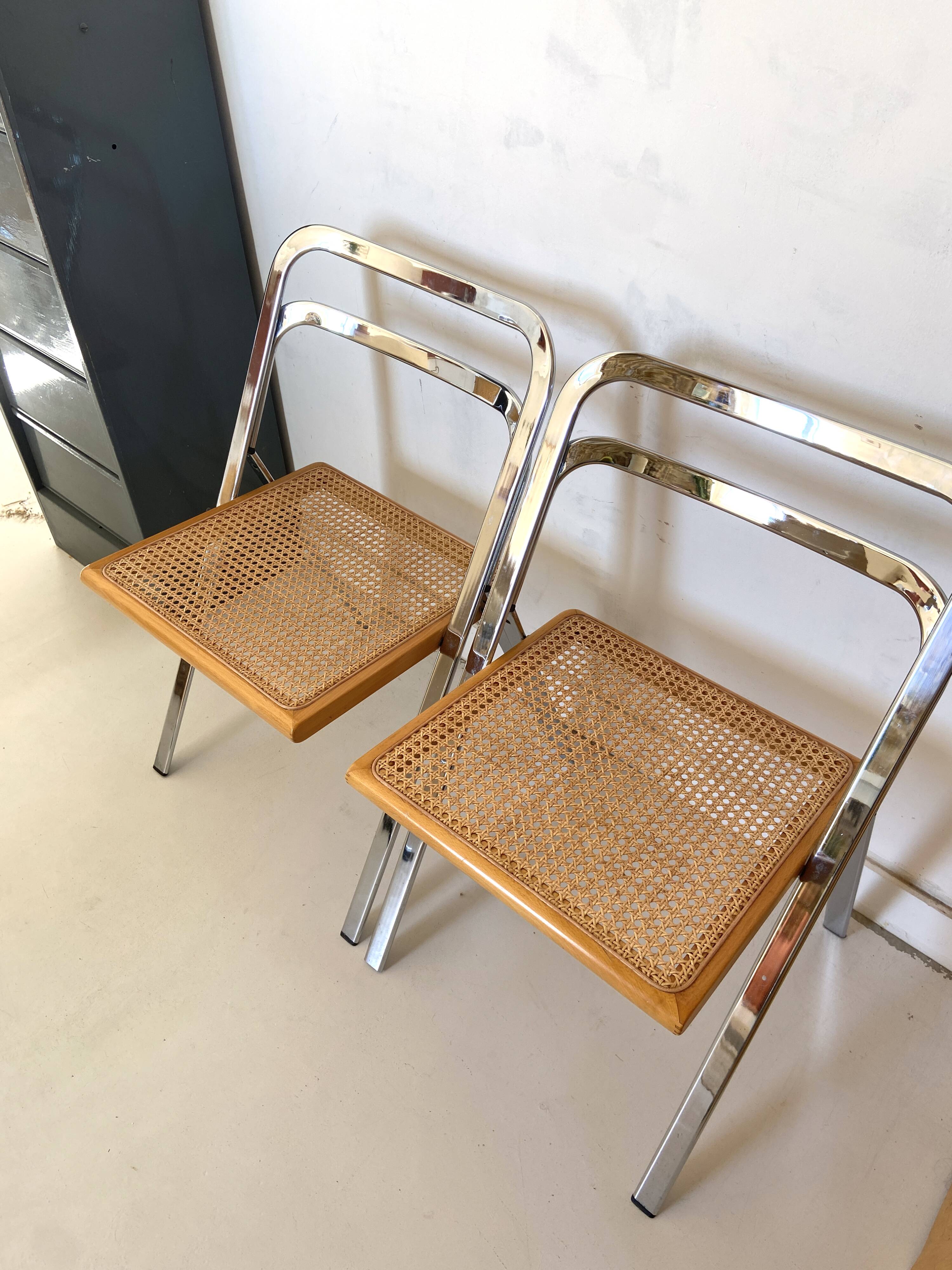 Set of 4 folding chairs with cane and chrome, Cidue by Gorgio Cattelan, 70s.