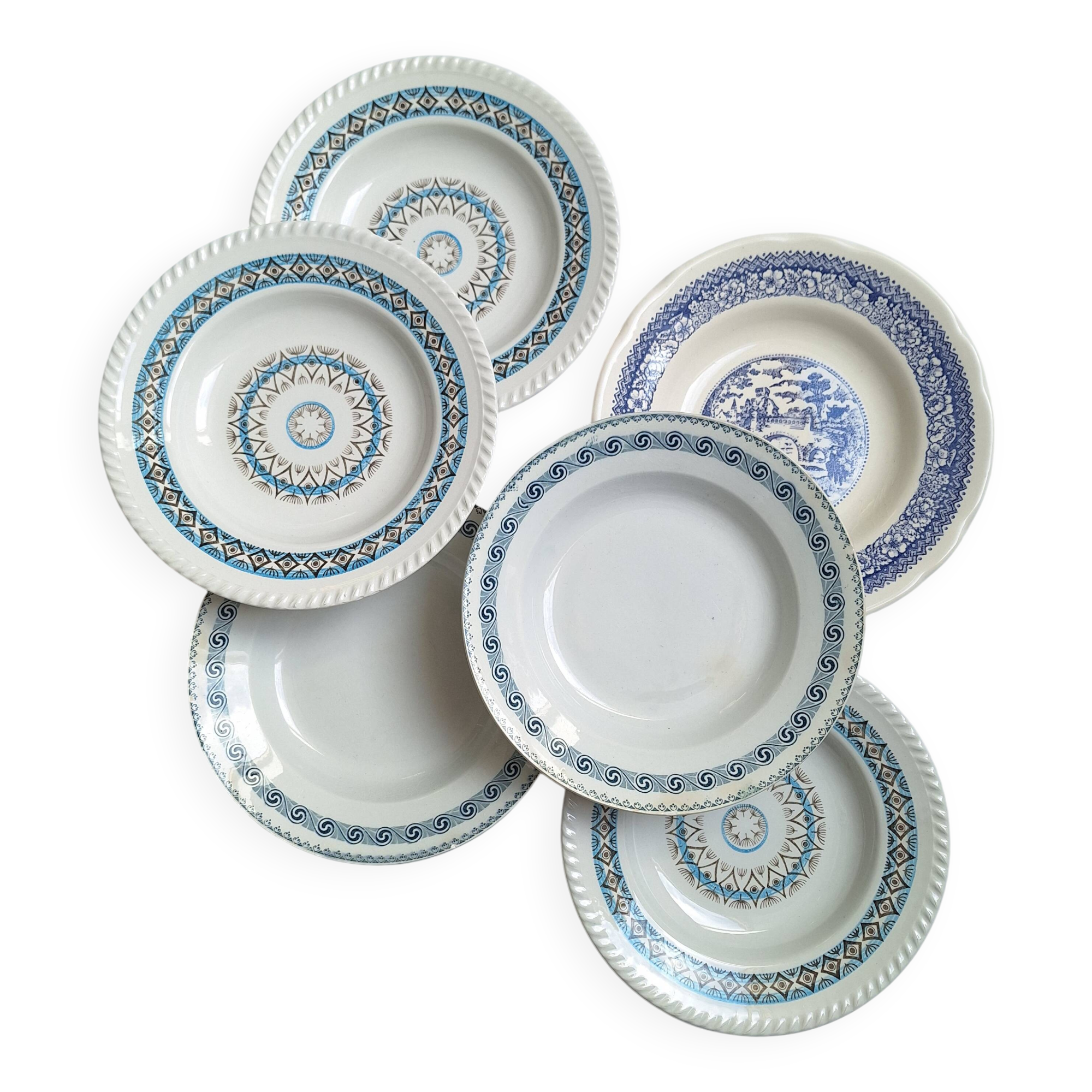 St Amand blue soup plates, Ironstone