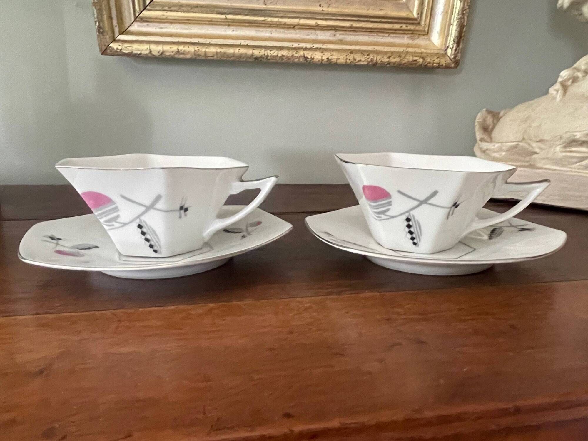 set of 2 Art Deco porcelain tea cups from Czechoslovakia