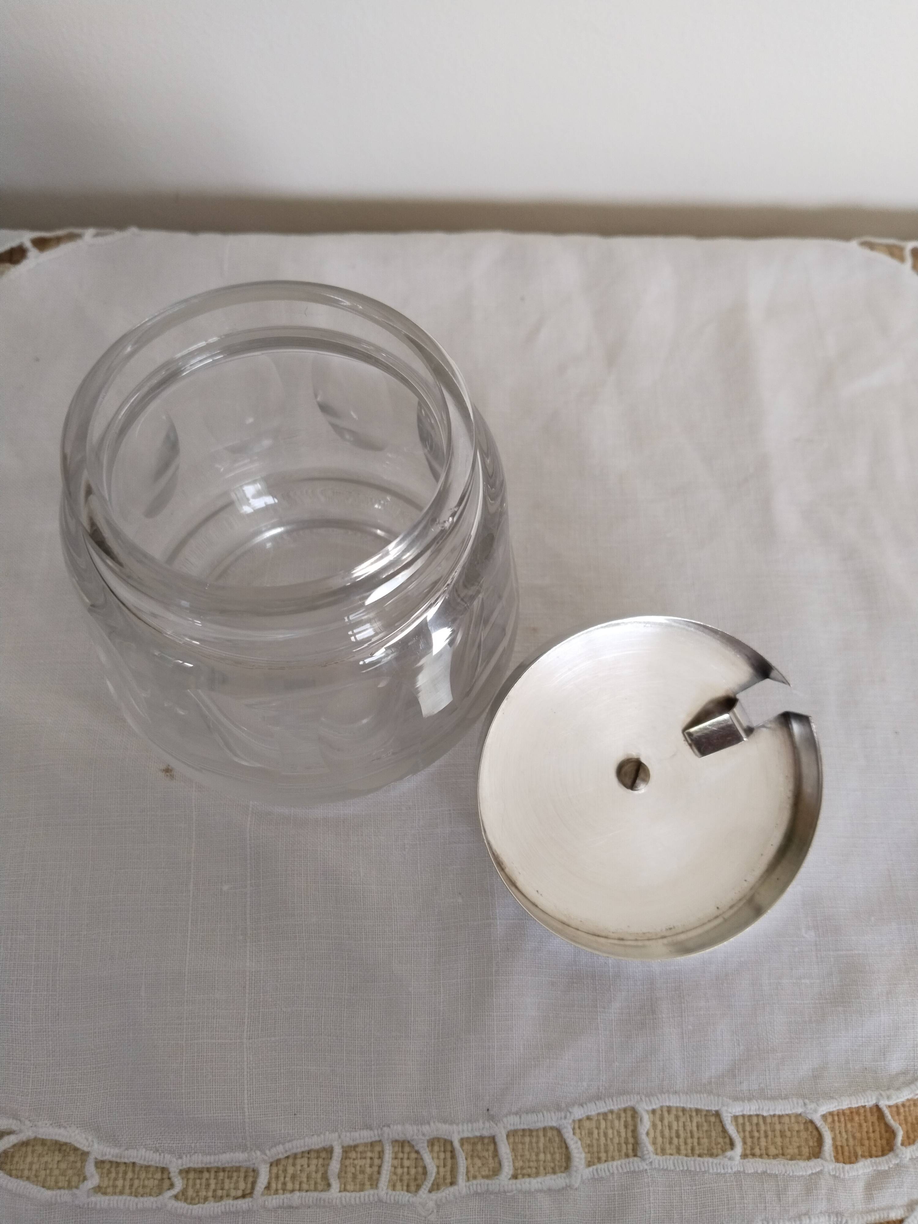 Jam pot, jam maker, sugar bowl, in crystal and silver metal