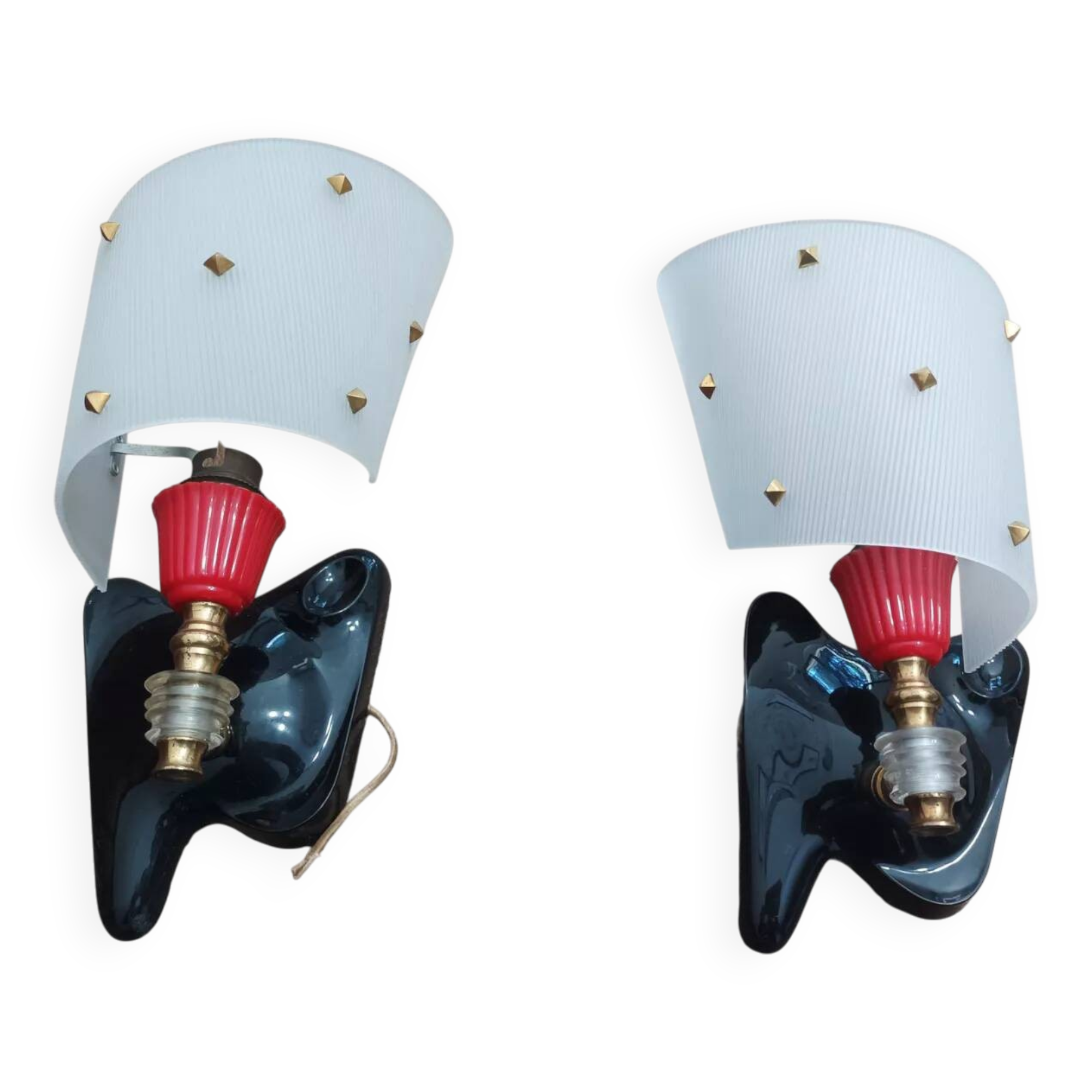 Pair of 1950s Rockabilly wall lights in brass, black and red