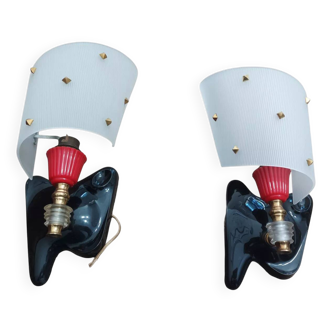 Paire d'appliques Luminaire Rockabilly années 1950 laiton, noir et rouge
