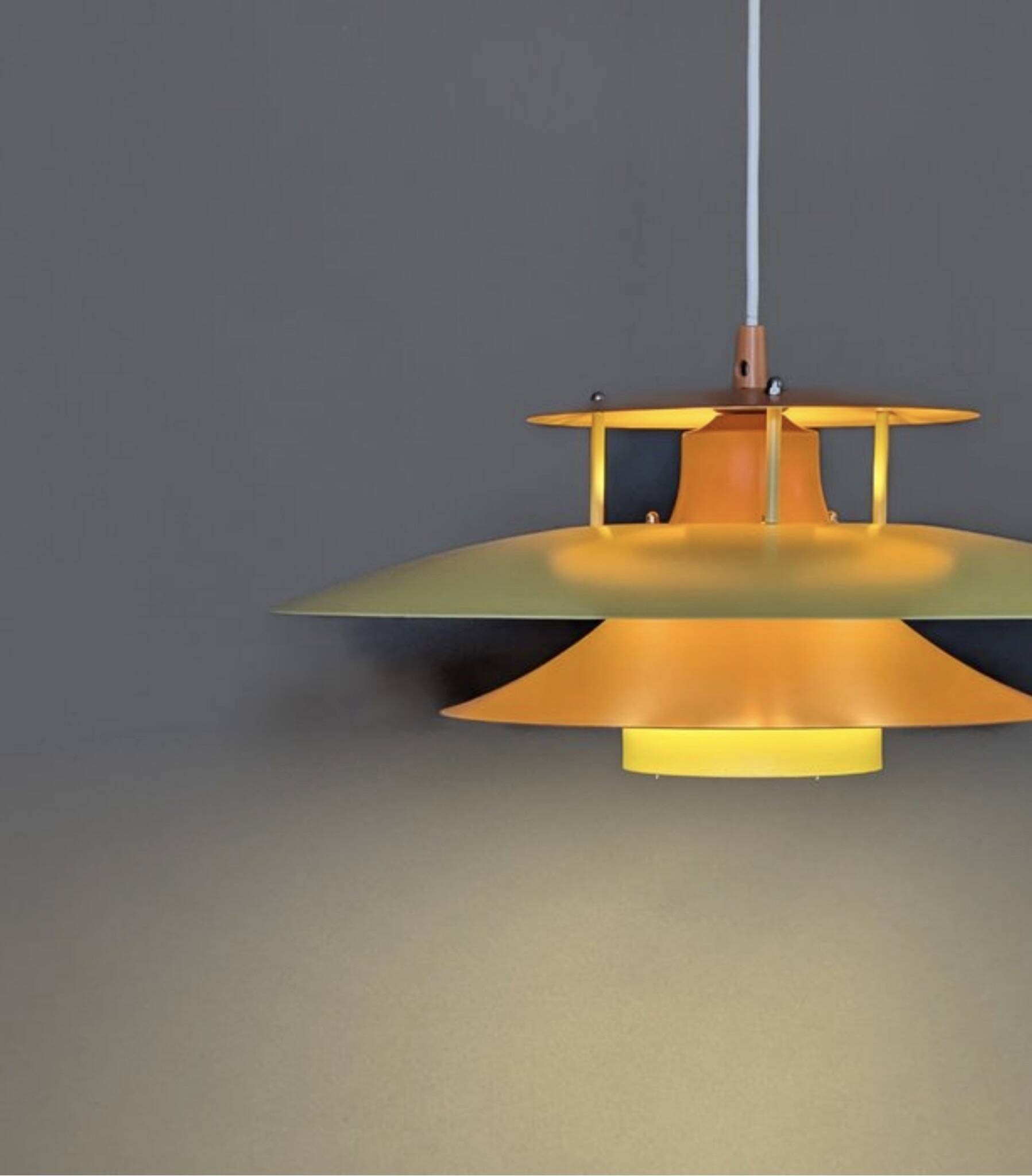 Vintage Danish metal pendant light in orange and yellow – 1970s