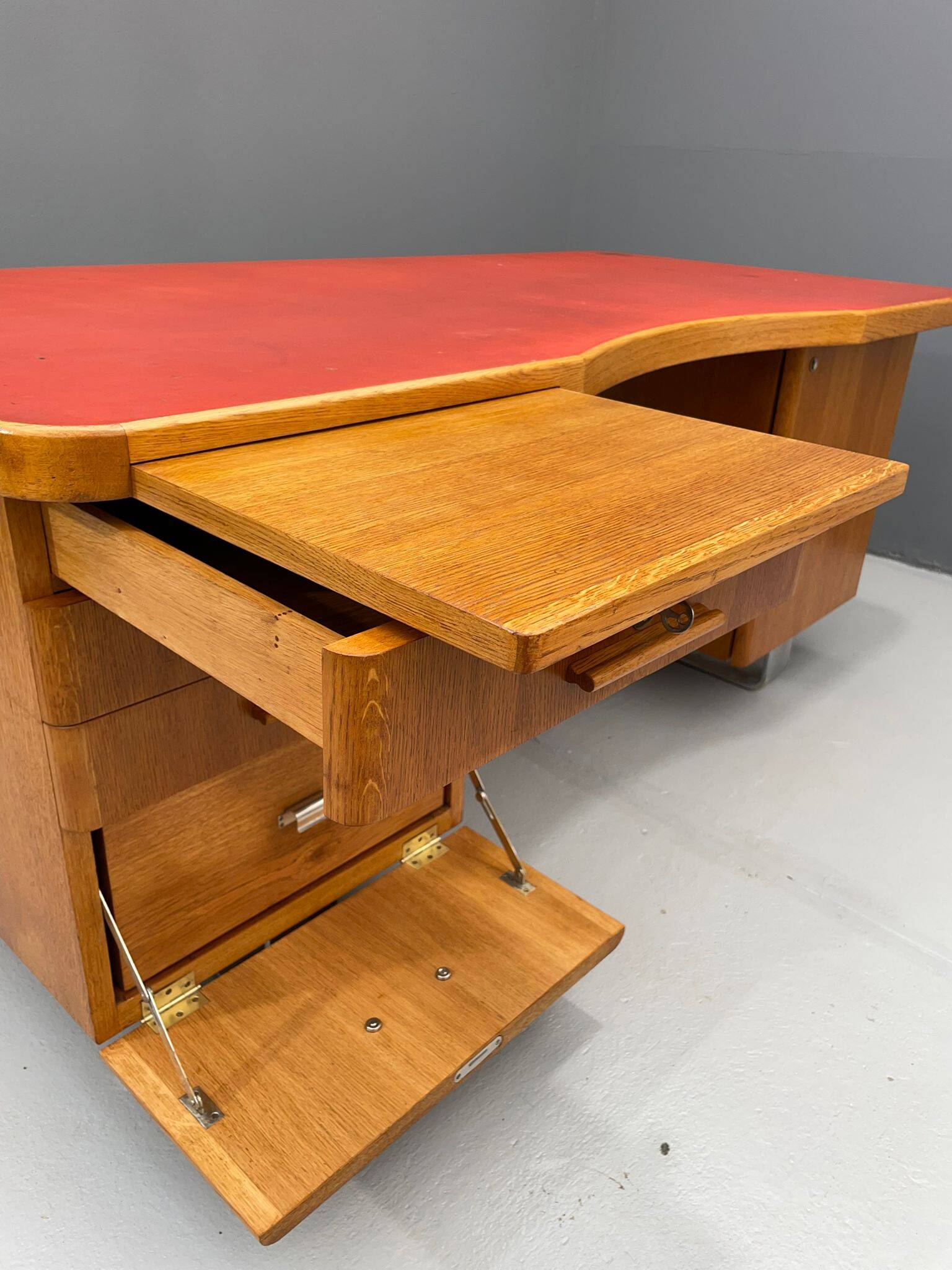 Bauhaus Walnut Writing Desk with Red Top