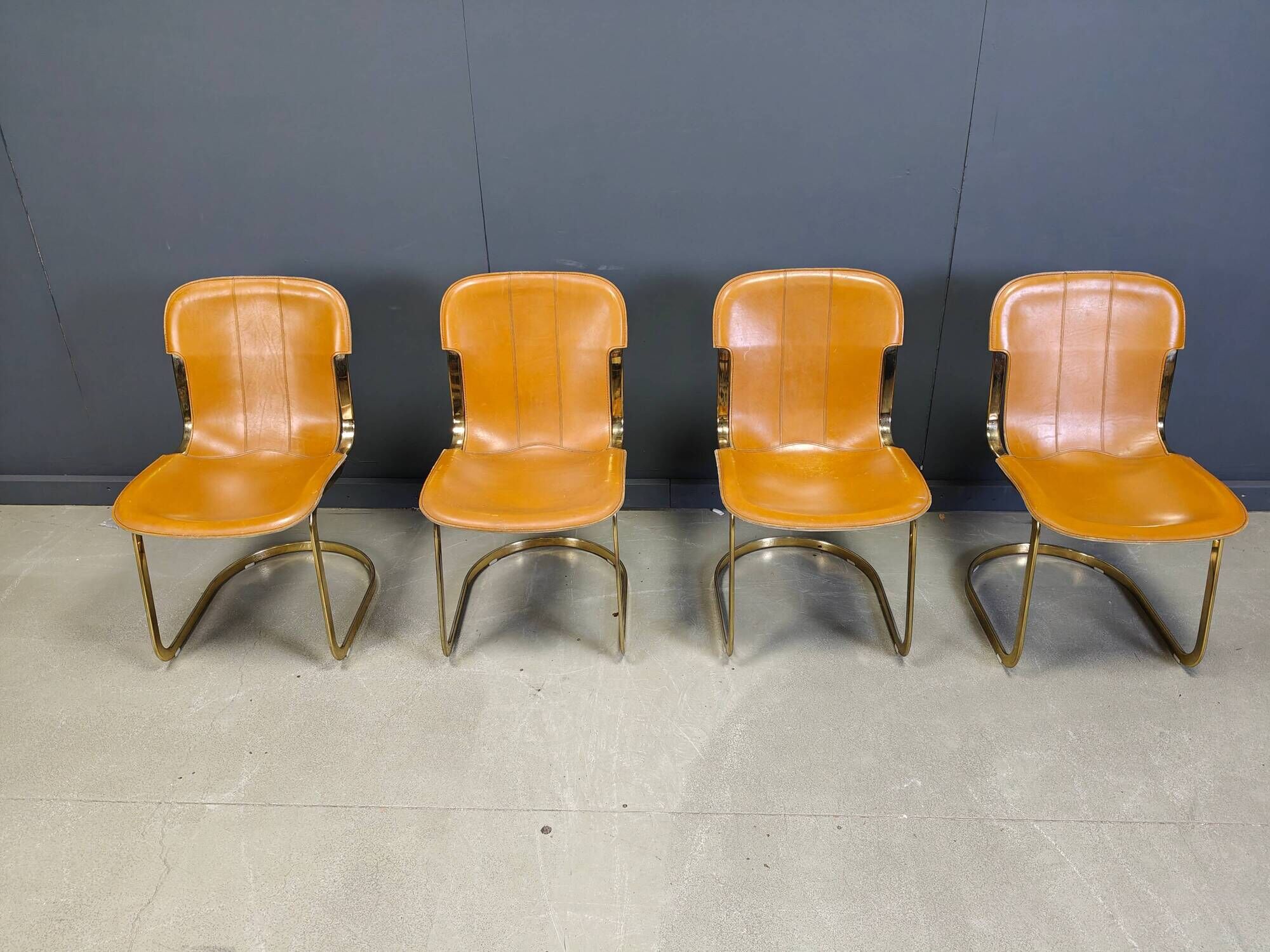 Vintage brass and cognac leather dining chairs by Willy Rizzo for Cidue set of 4