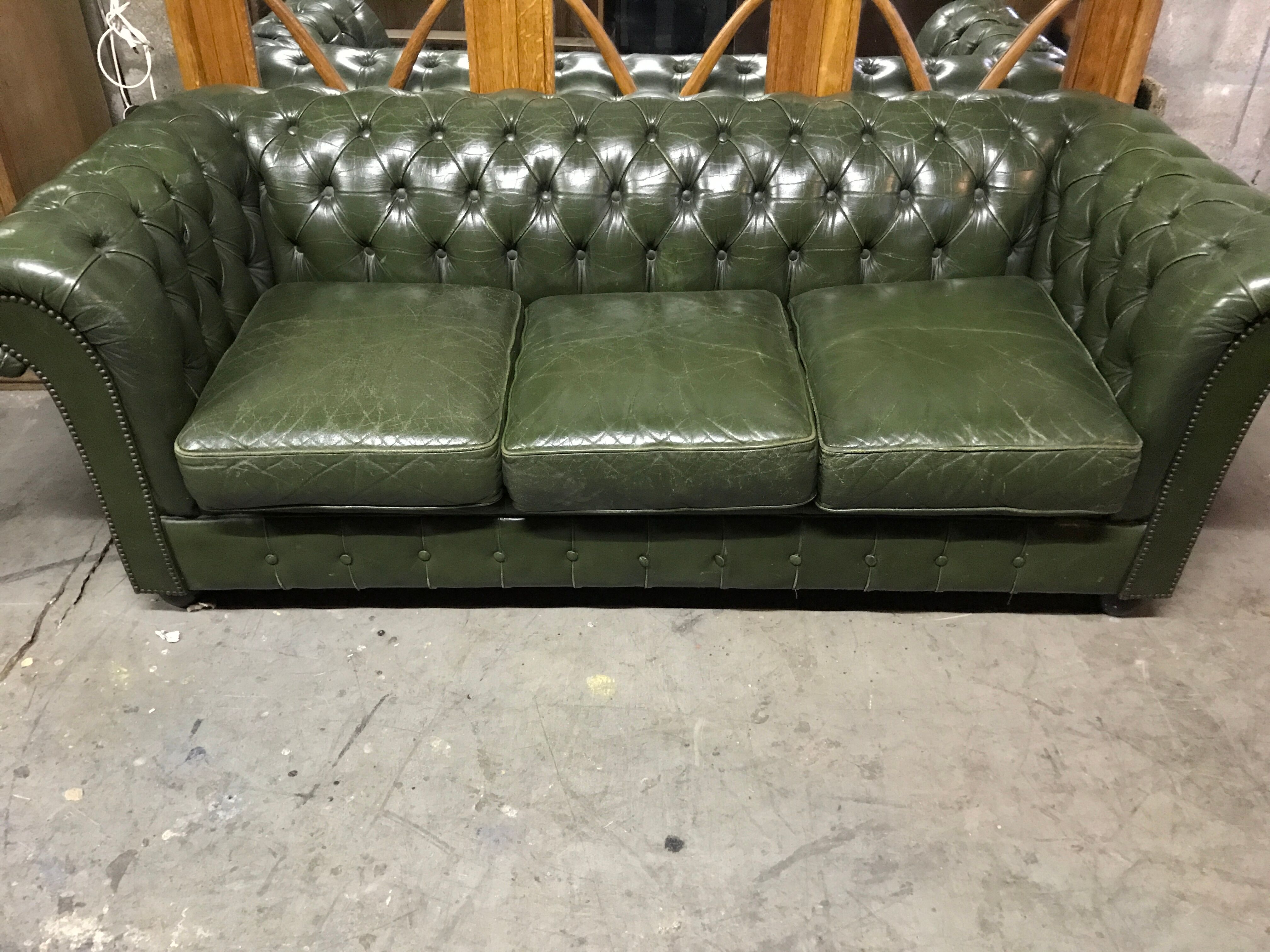 Chesterfield green leather sofa