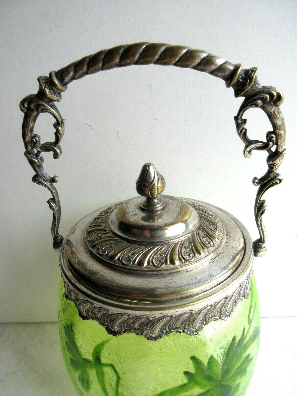 19th century biscuit bucket, legras enameled glass, acid-free eyelets, signed wmfm