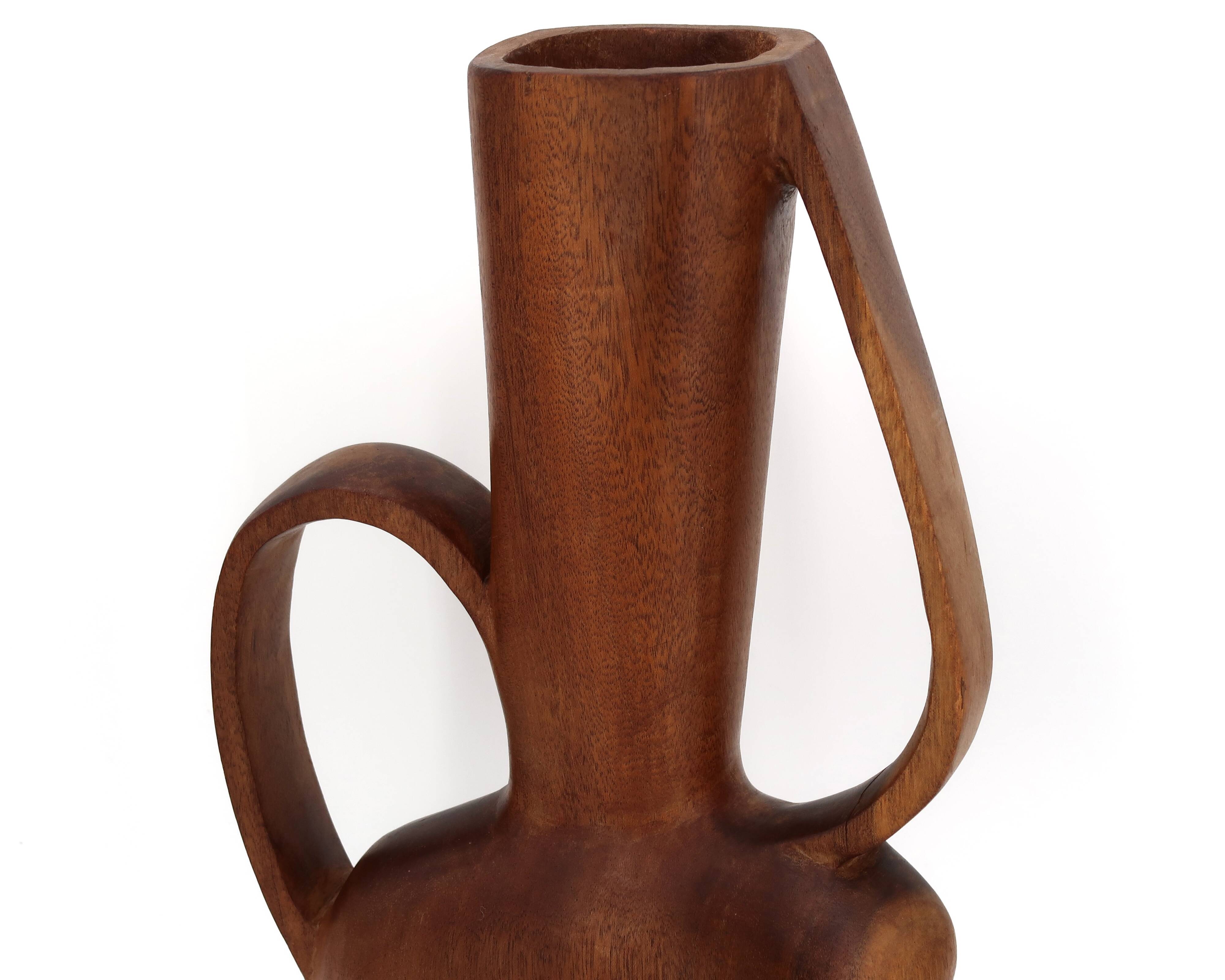 Grand vase jarre à anses sculptural en bois, années 50