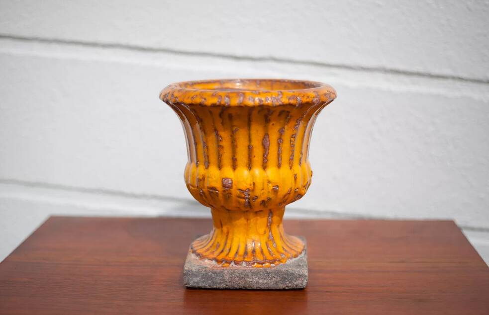 Vintage flowerpot, Medici vase, garden bowl, basin, orange enamel