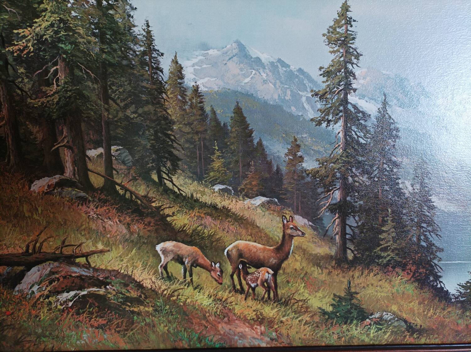 Oil print on wood signed deer motifs in the mountains framed