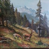 Oil print on wood signed deer motifs in the mountains framed