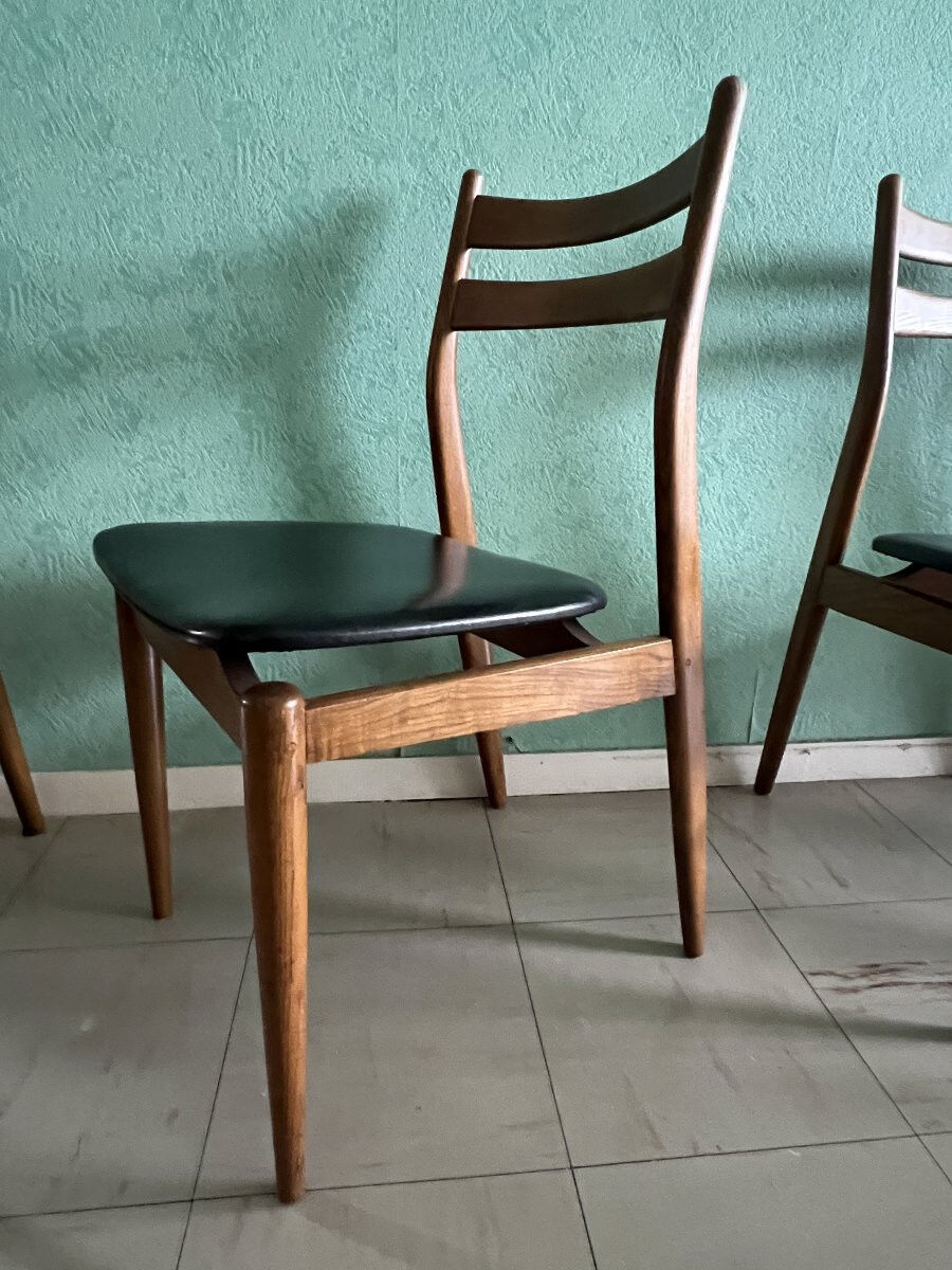 Set of six vintage scandinavian chairs. black faux leather seat, eros edition from around 1960.