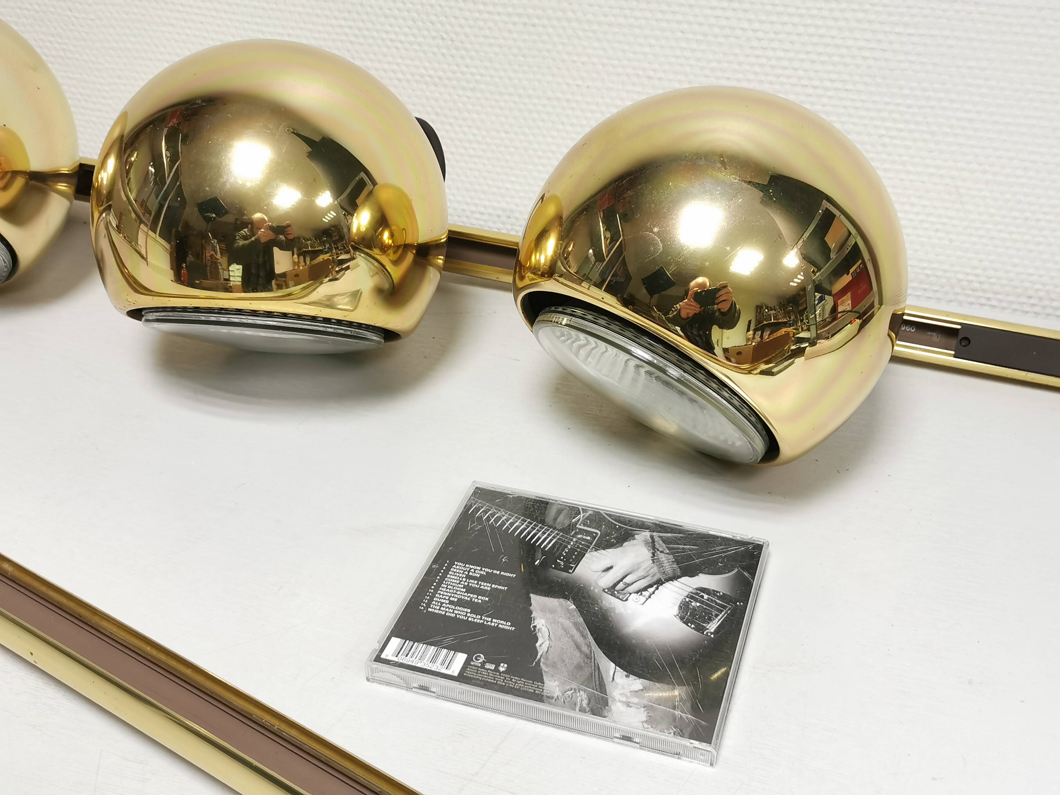 4 large golden ball spots, space age 60 70's. concord wall light on rails