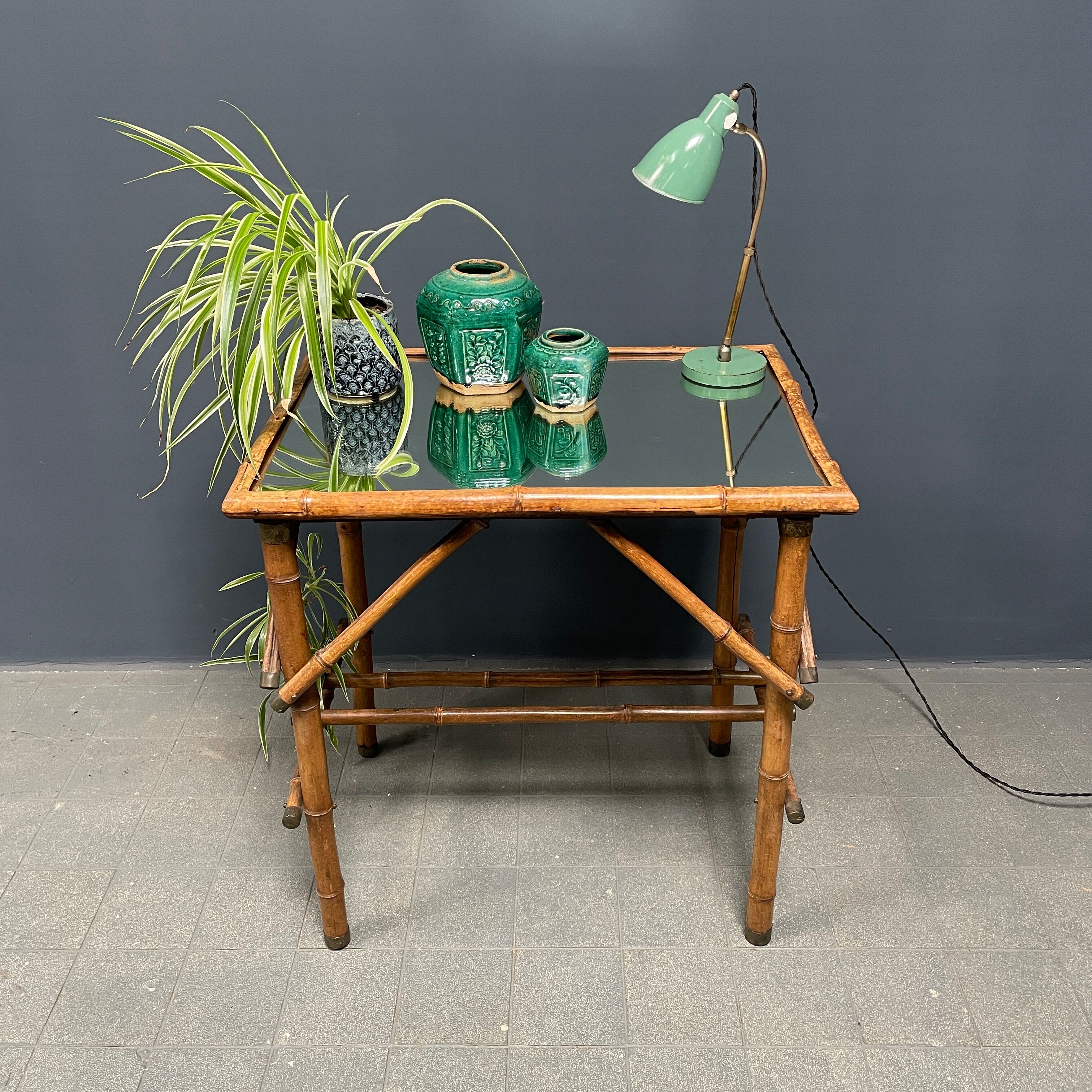 Bamboo side table with mirror top from France, 1940s