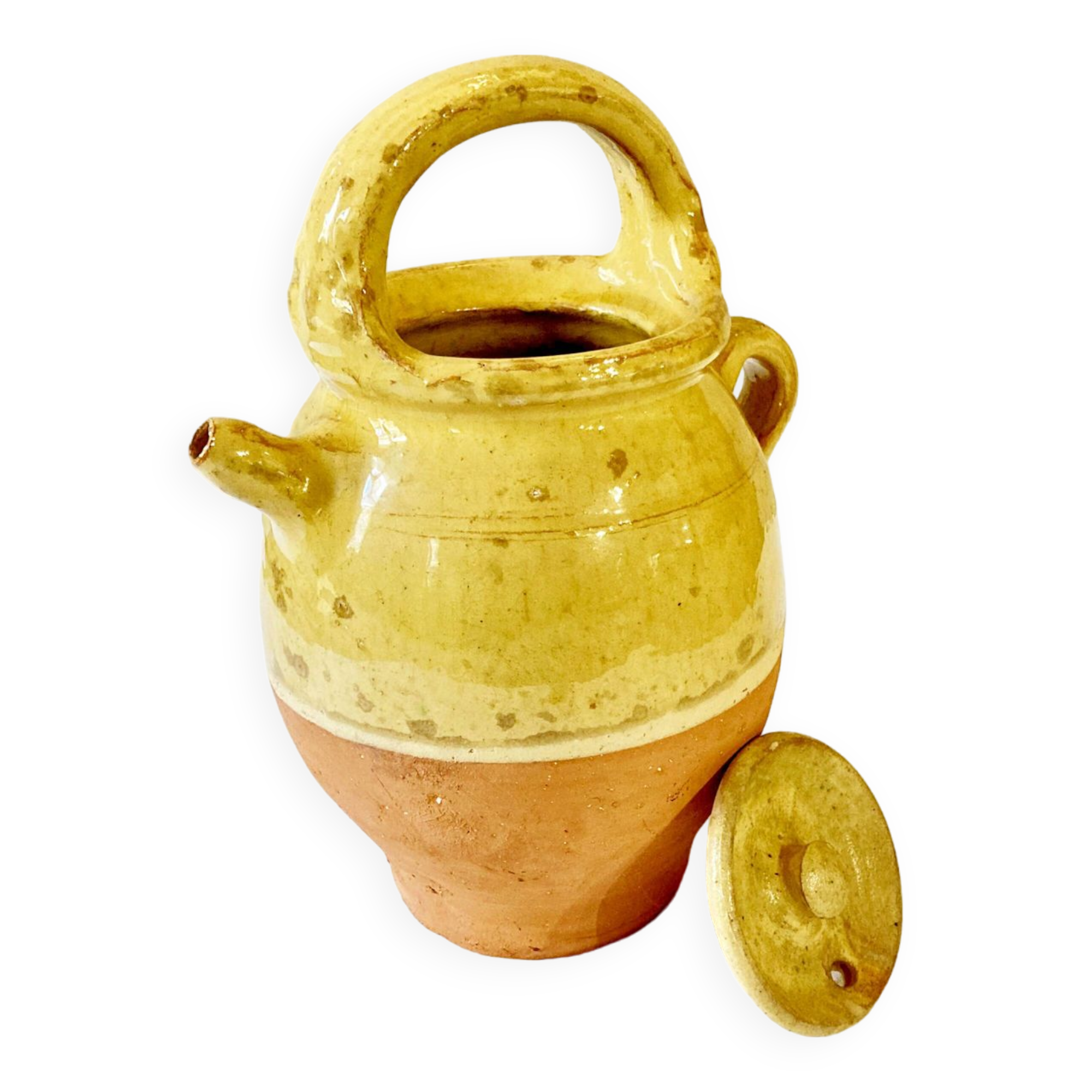 Cruche / chevrette en céramique vernissée jaune, avec couvercle