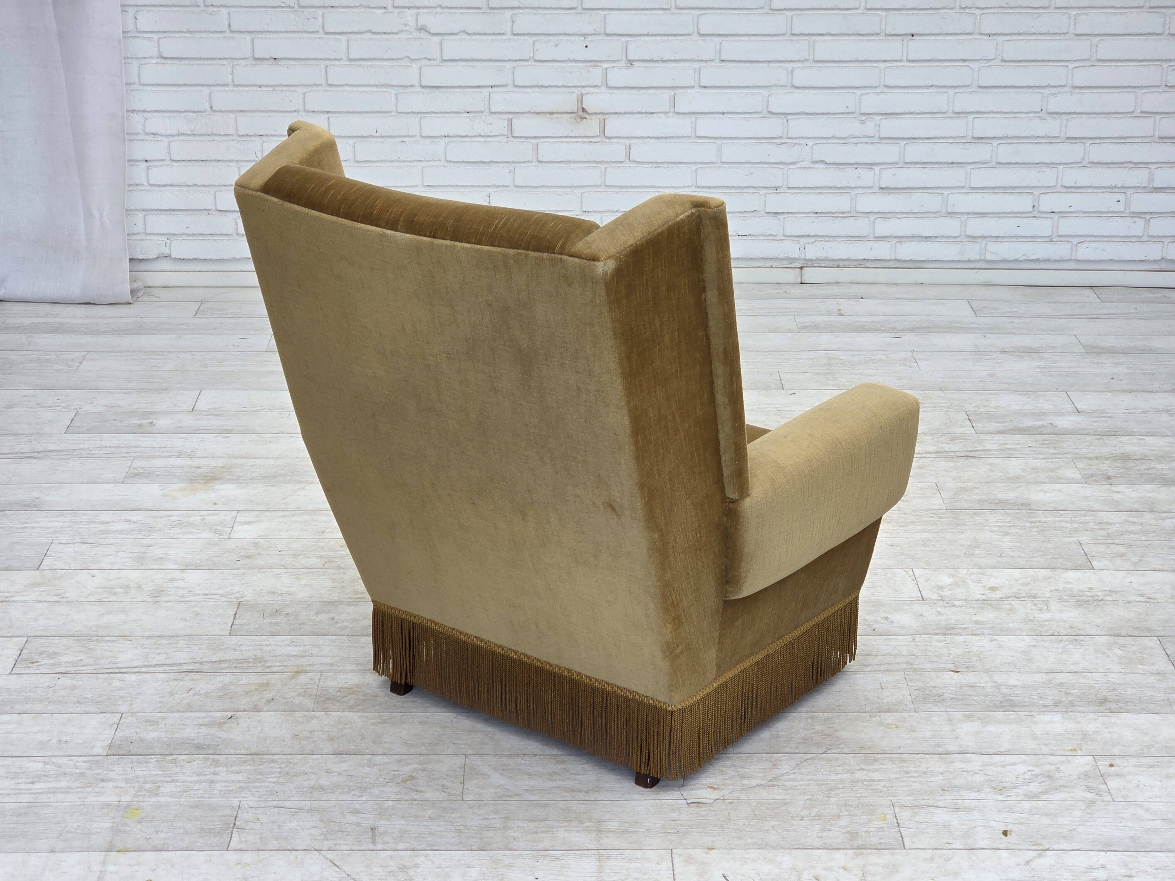 1970s, Danish highback armchair, honey yellow furniture velour.