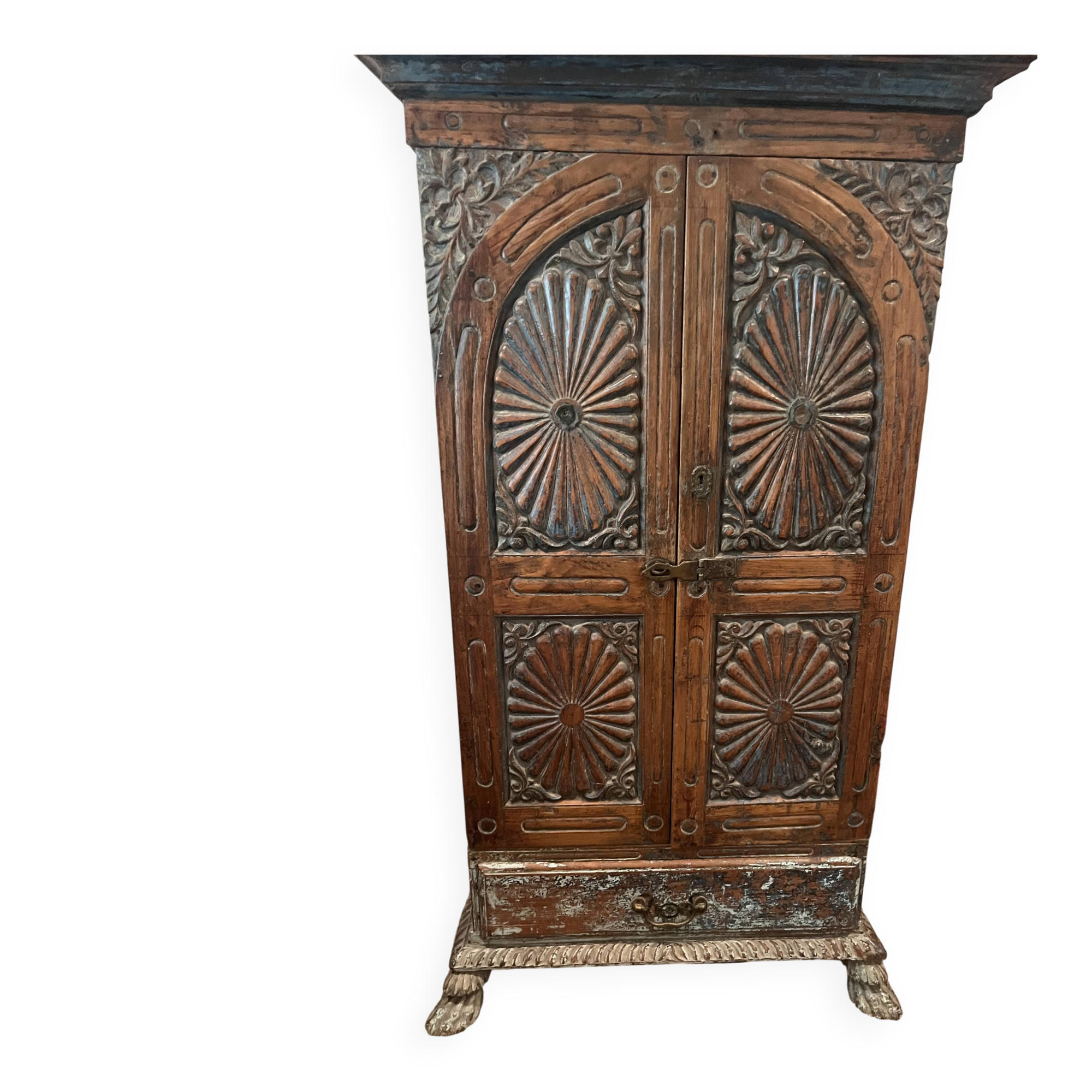 Antique fabric wardrobe from Rajasthan - solid teak