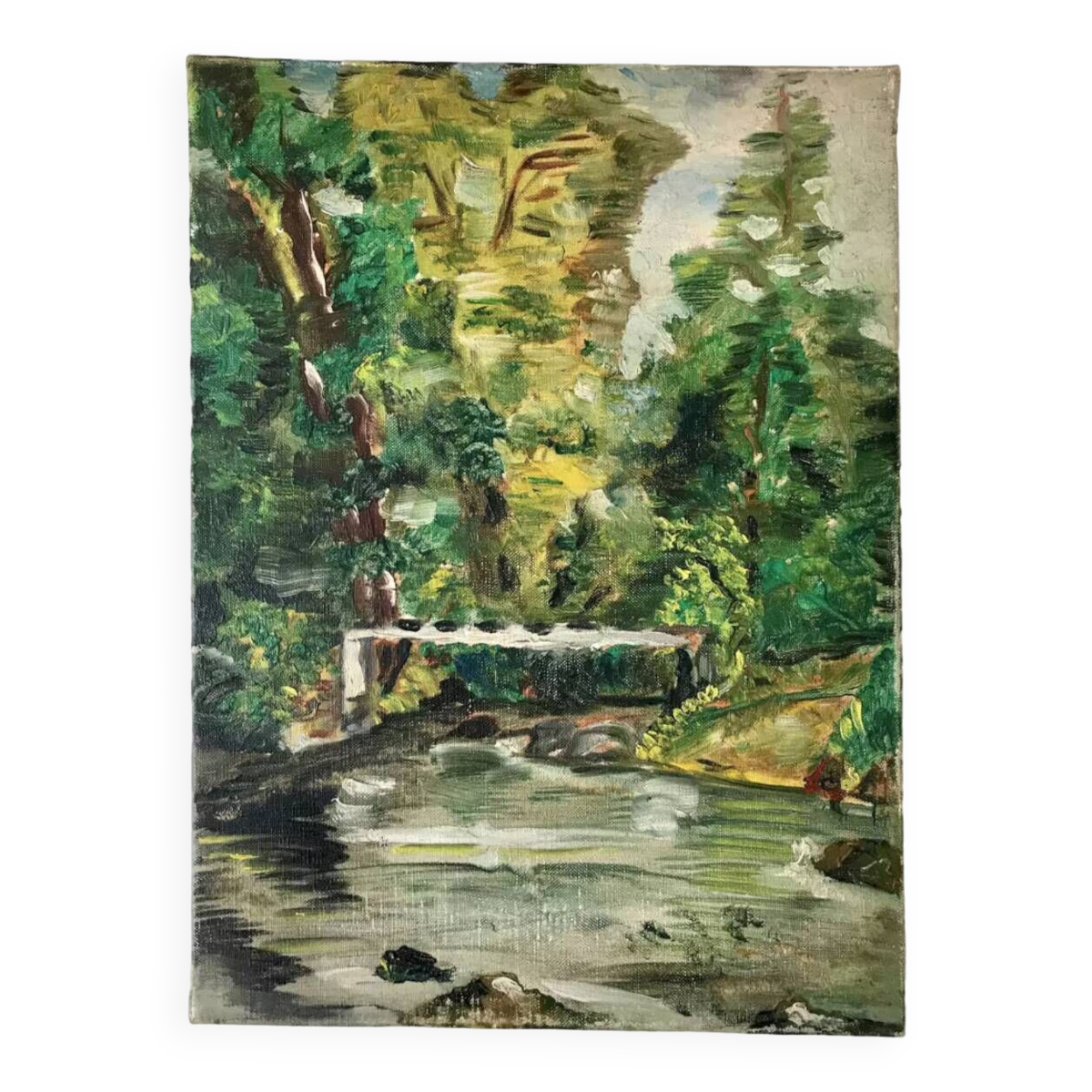 Tableau huile sur toile rivière vintage