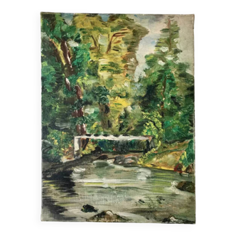 Tableau huile sur toile rivière vintage