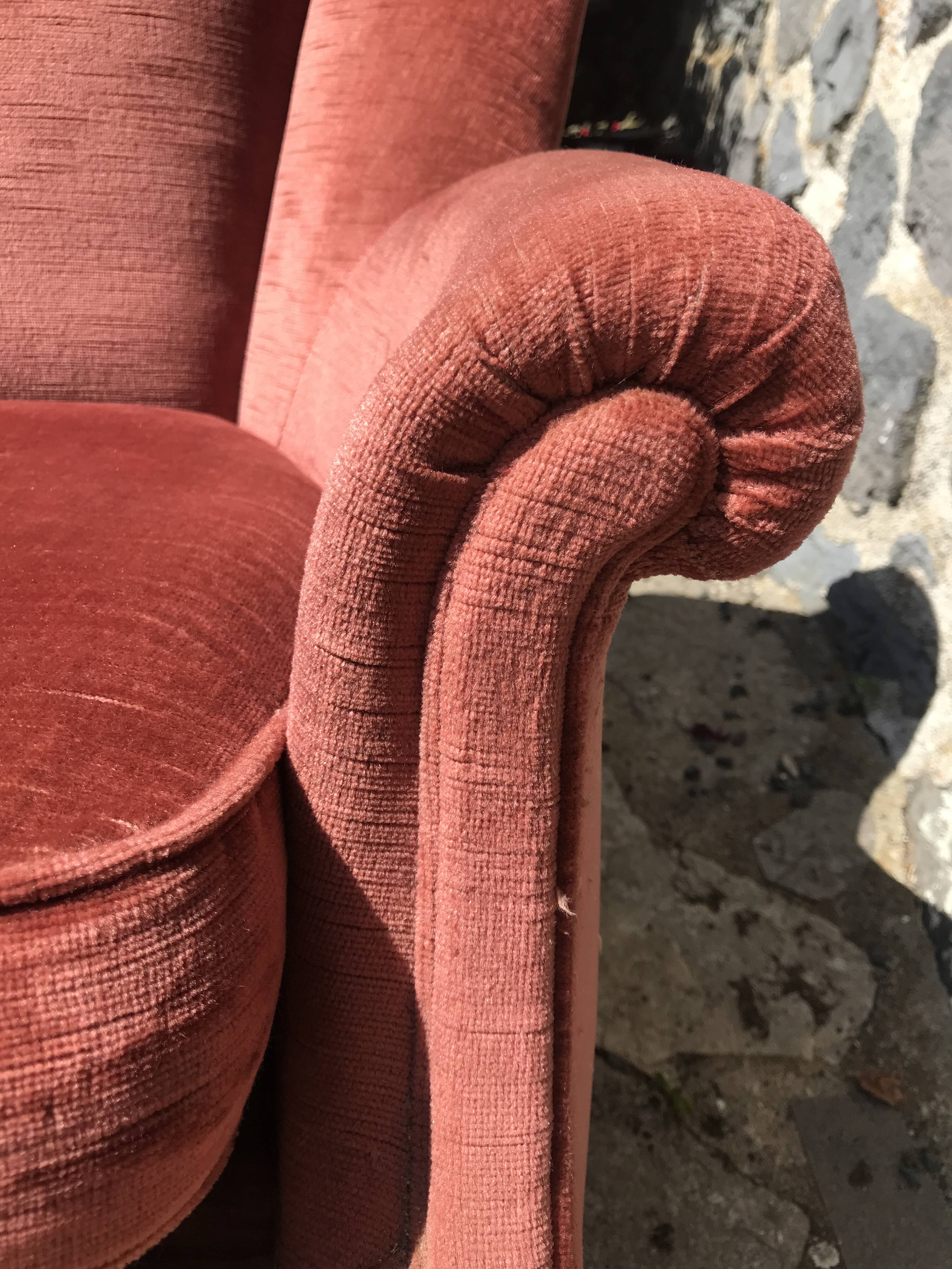Vintage pink velvet armchair with fringes