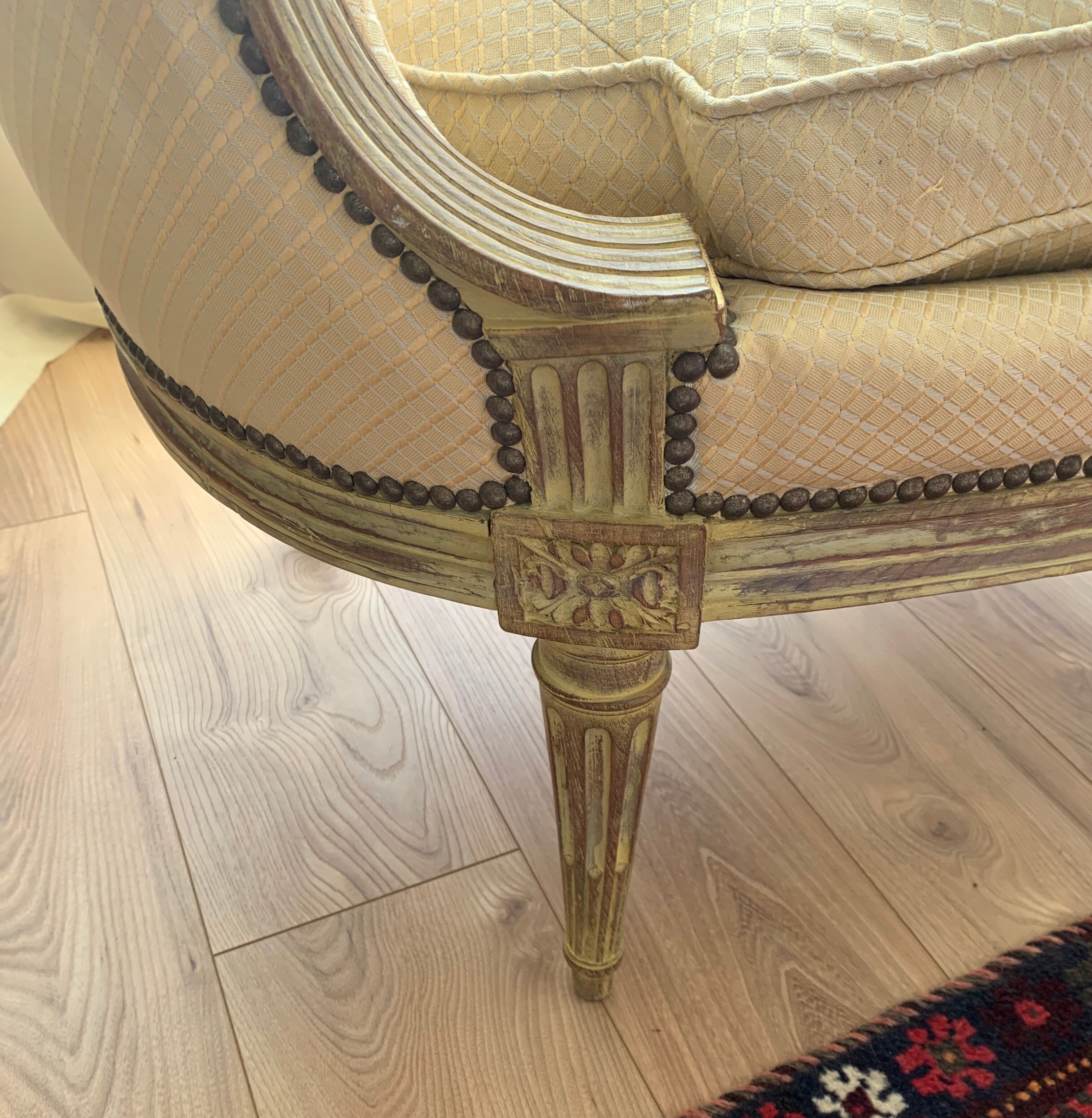 Louis XVI style patinated wooden basket sofa. Pierre Frey fabric. 19th century