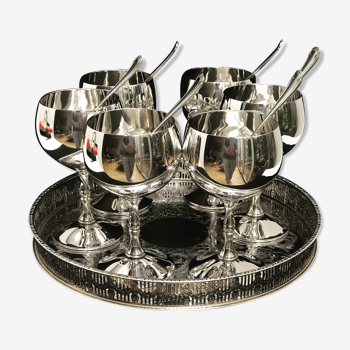 6 dessert or wine cups with tray and 6 spoons