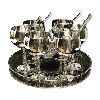 6 dessert or wine cups with tray and 6 spoons