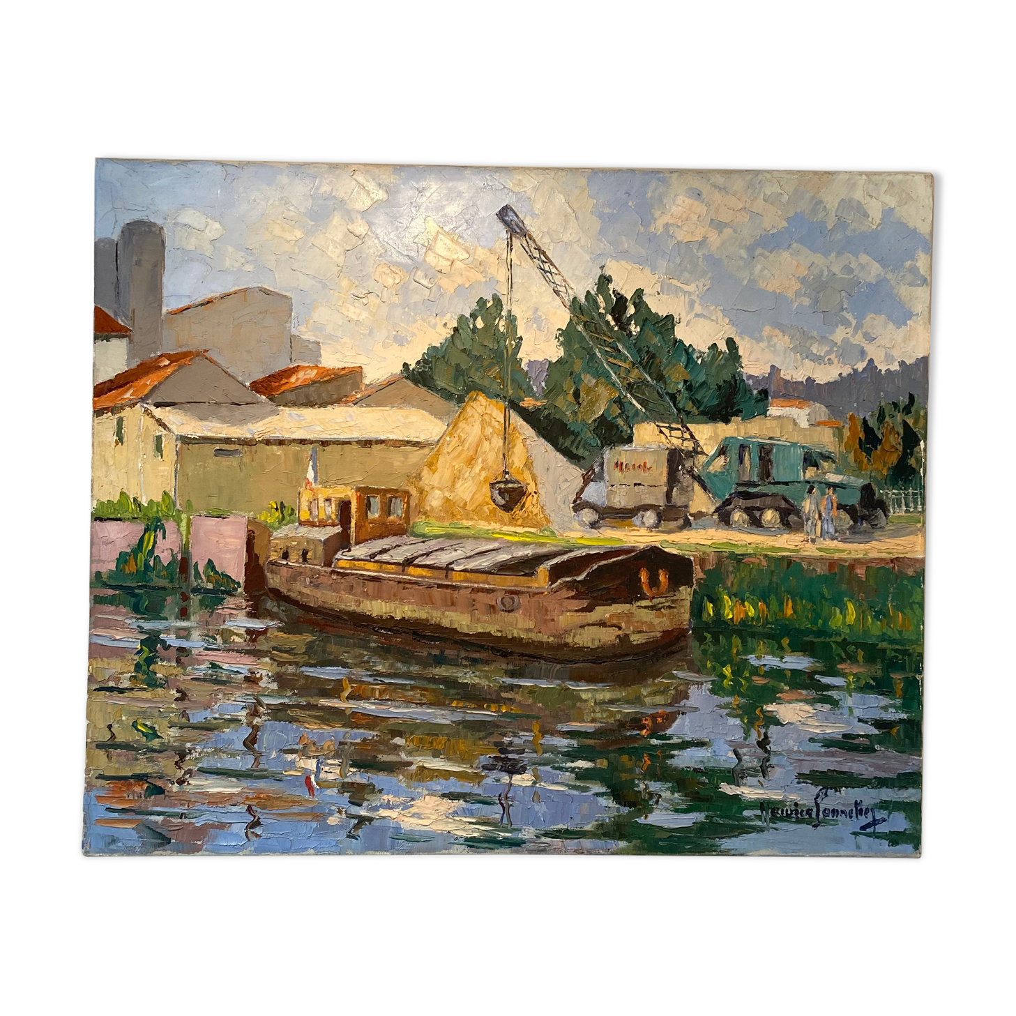 Tableau ancien, péniche à quai, signé Maurice Pannetier, années 70/80