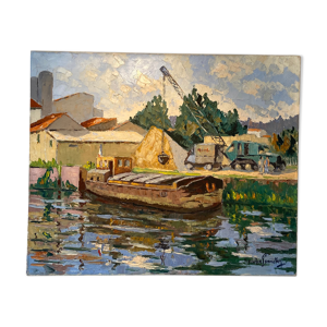 Tableau ancien, péniche à quai,