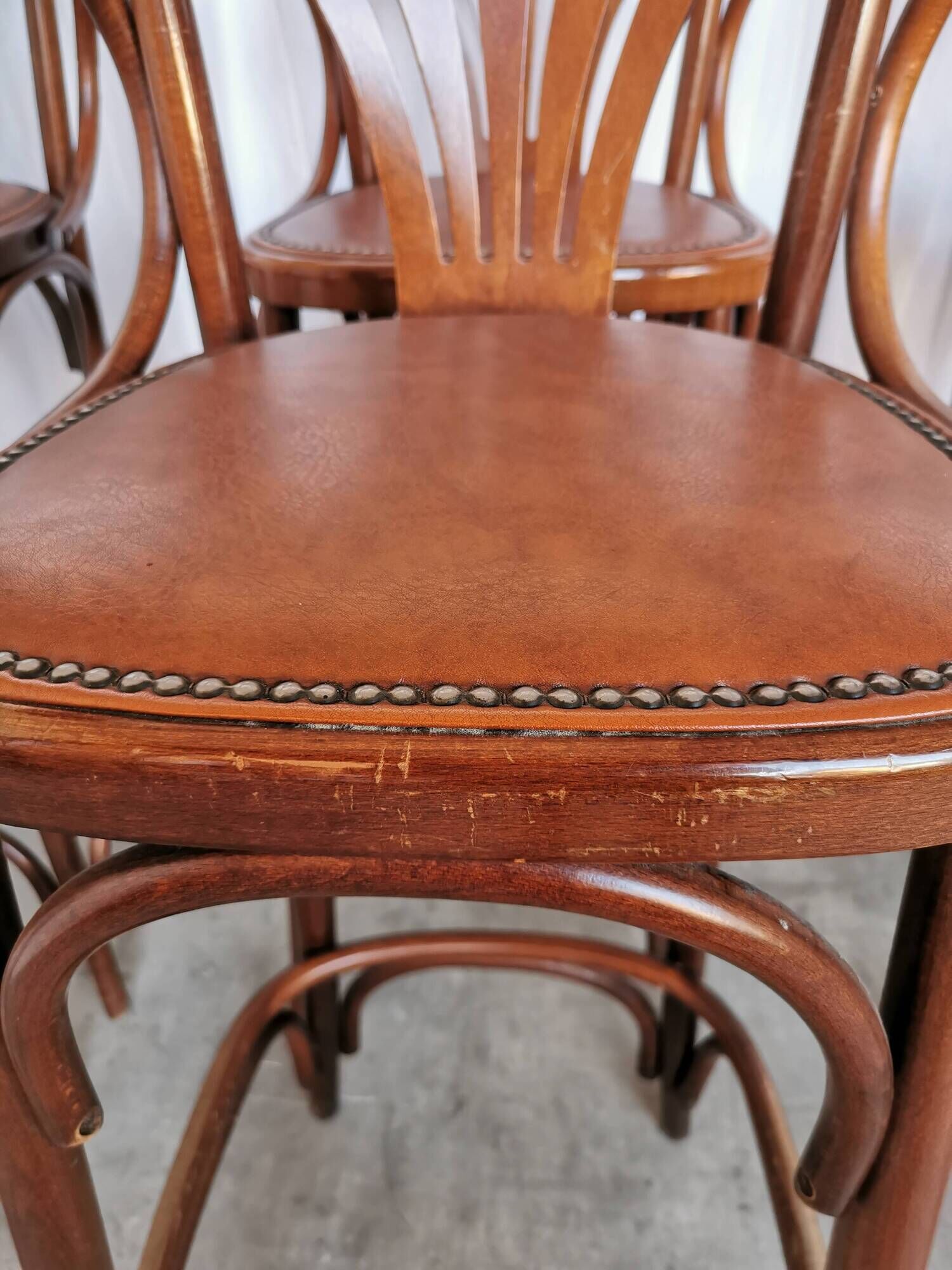 Set of 6 Vintage Bentwood Bar Stool Set: Brown Leather Seat, Nailhead Trim