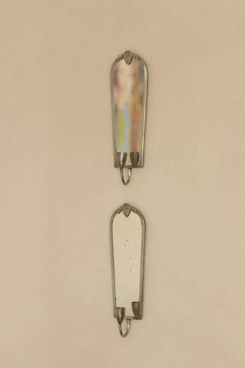 Pair of Mid Century Swedish Pewter Sconces with Mirror