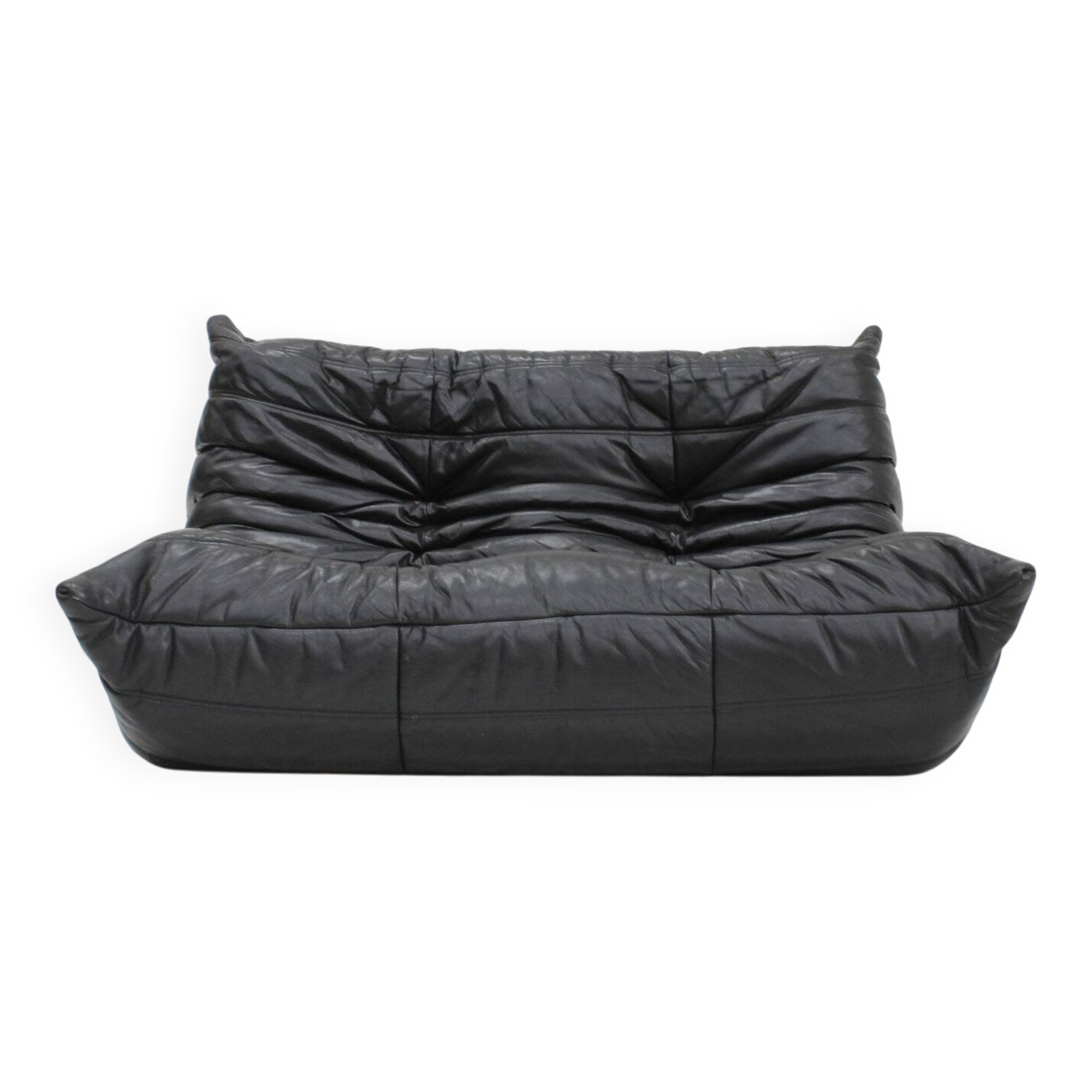 Vintage Togo Ligne Roset 2 seater sofa black leather by Michel Ducaroy 1990s