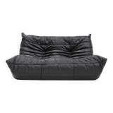 Vintage Togo Ligne Roset 2 seater sofa black leather by Michel Ducaroy 1990s