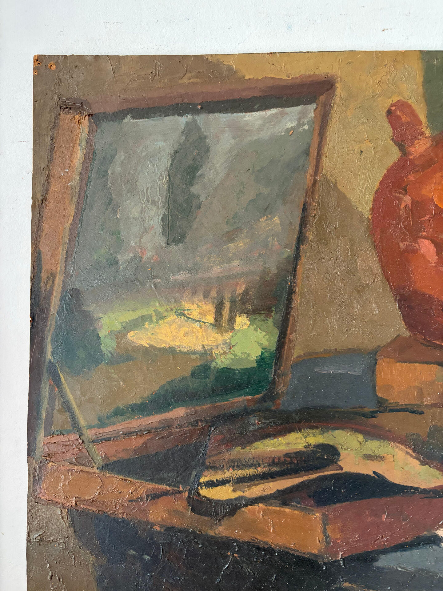 Still life, painter's table, oil on panel