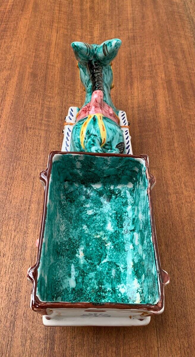 Vintage Italian hand-painted sculpture of a donkey with a cart in the shape of a bowl from Deruta, Italy.