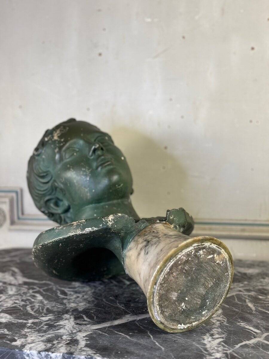 Young Boy, Plaster Bust with Green Patina, Circa 1900