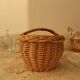 Small vintage wicker basket with navy blue lining and white polka dots - Cottage core