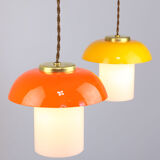 3 suspensions champignon en verre et laiton du milieu du siècle