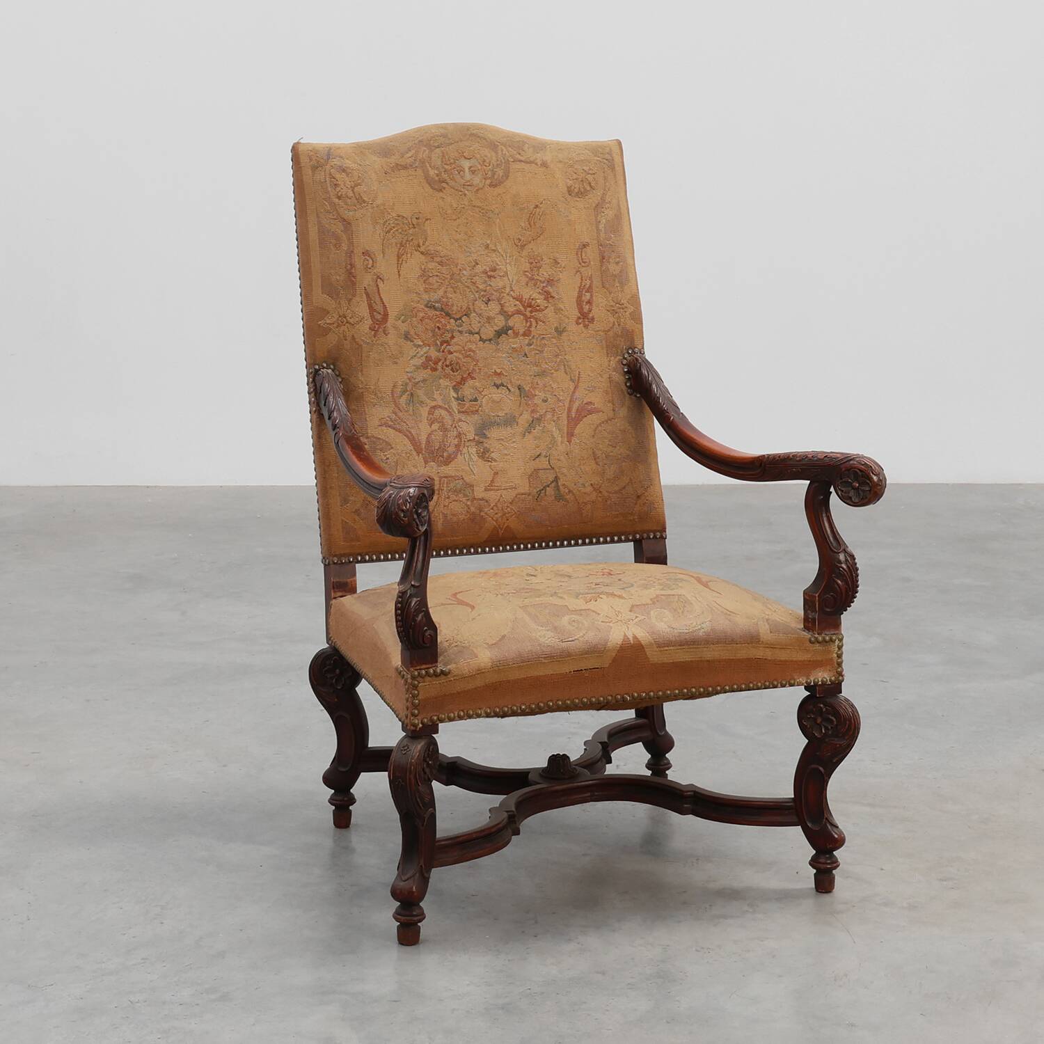 Louis XV Style Carved Walnut Armchair with Needlepoint Upholstery, France
