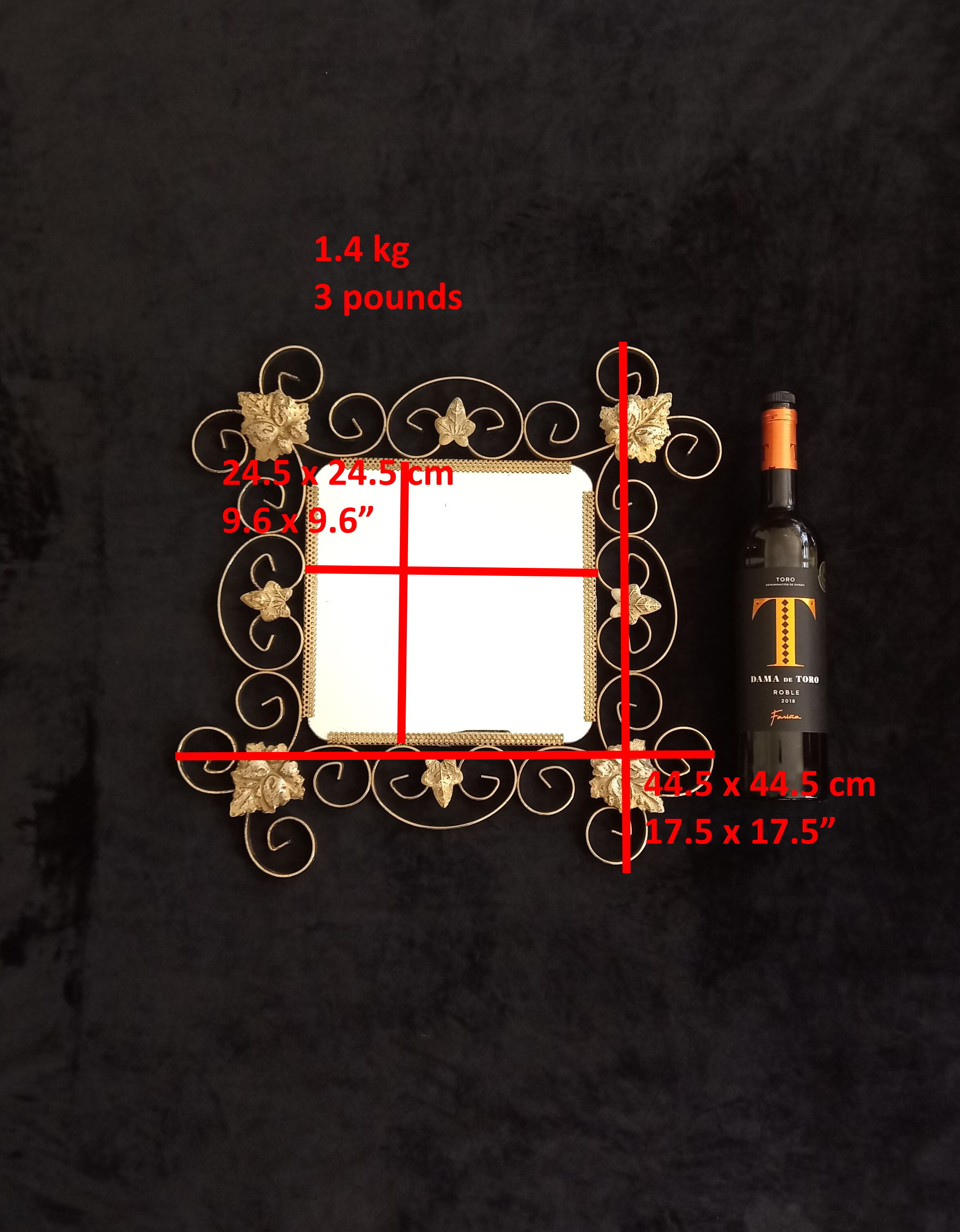 Square mirror with vine leaves and golden metal windings, 1960s